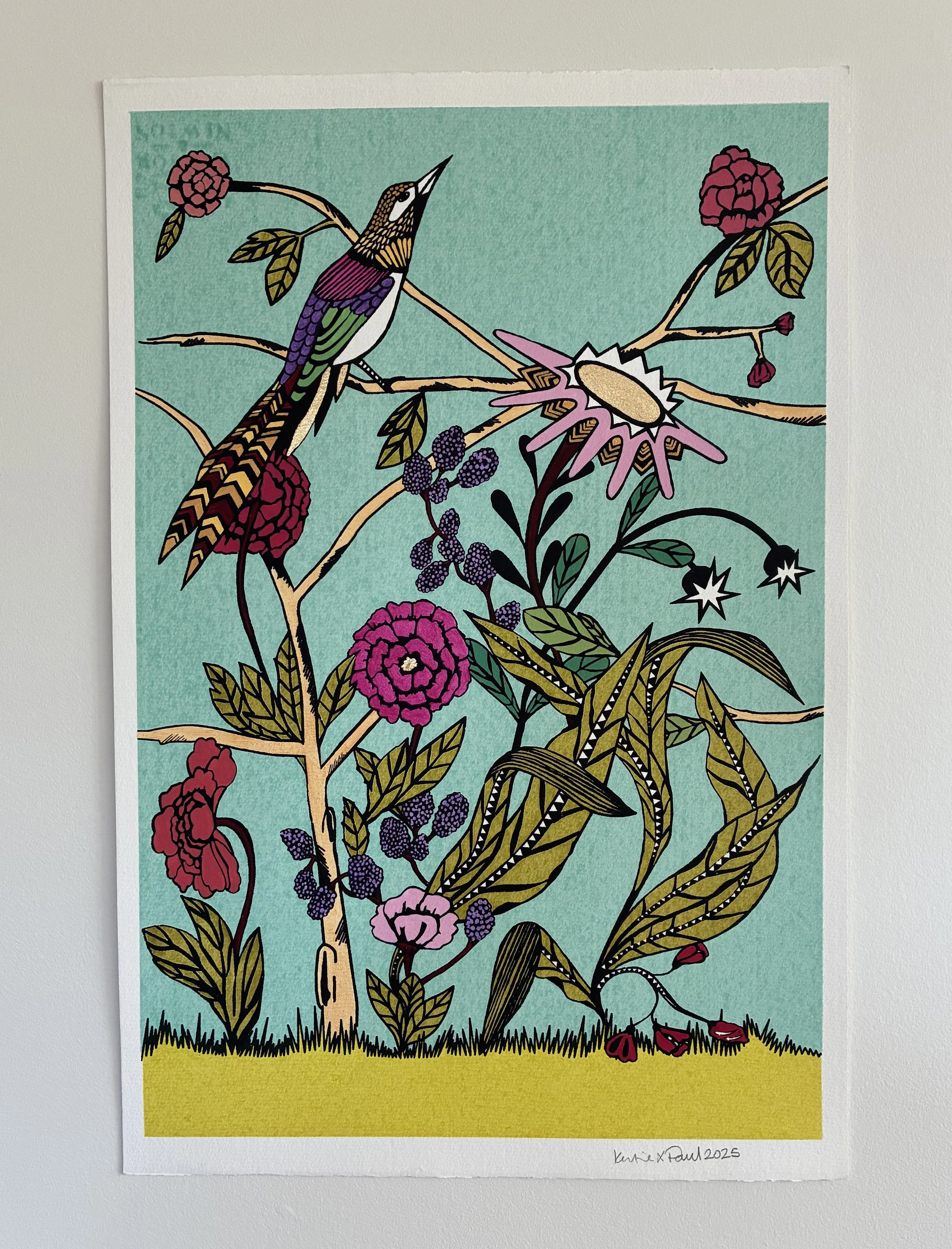 In the Garden Gold Screen print & Painting