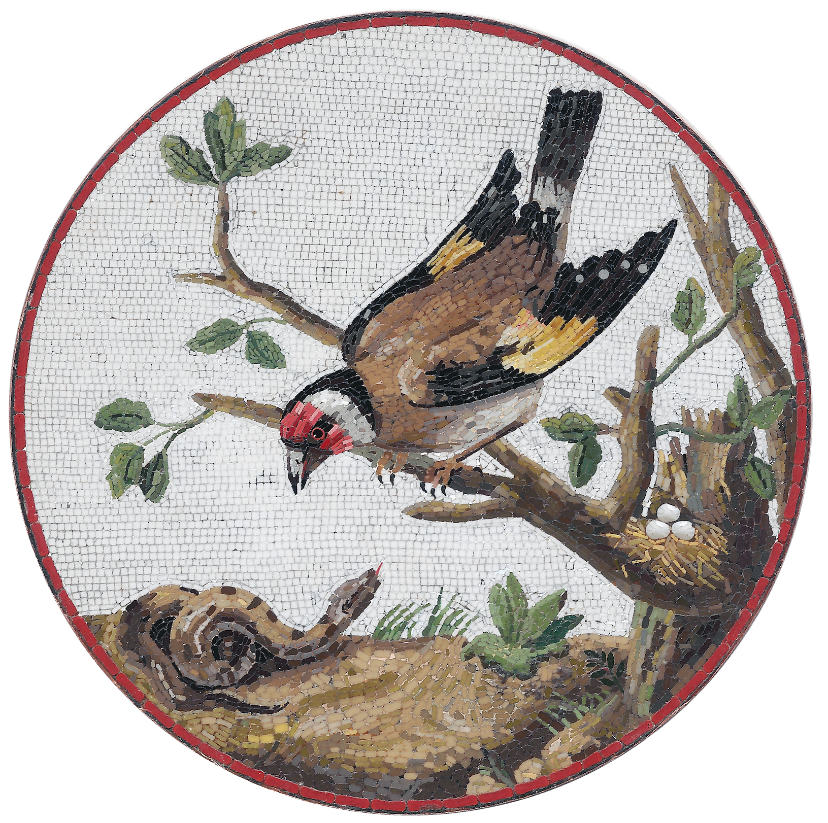 goldfinch defending it's nest from a snake micromosaic Giacomo Raffaelli