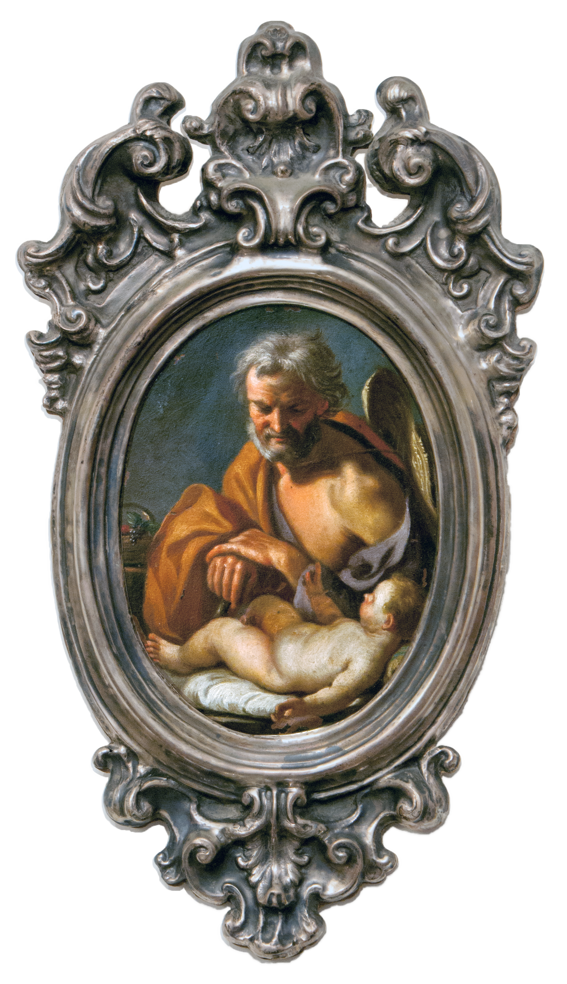 San Giuseppe con bambino olio su rame cornice argento Napoli 700.png