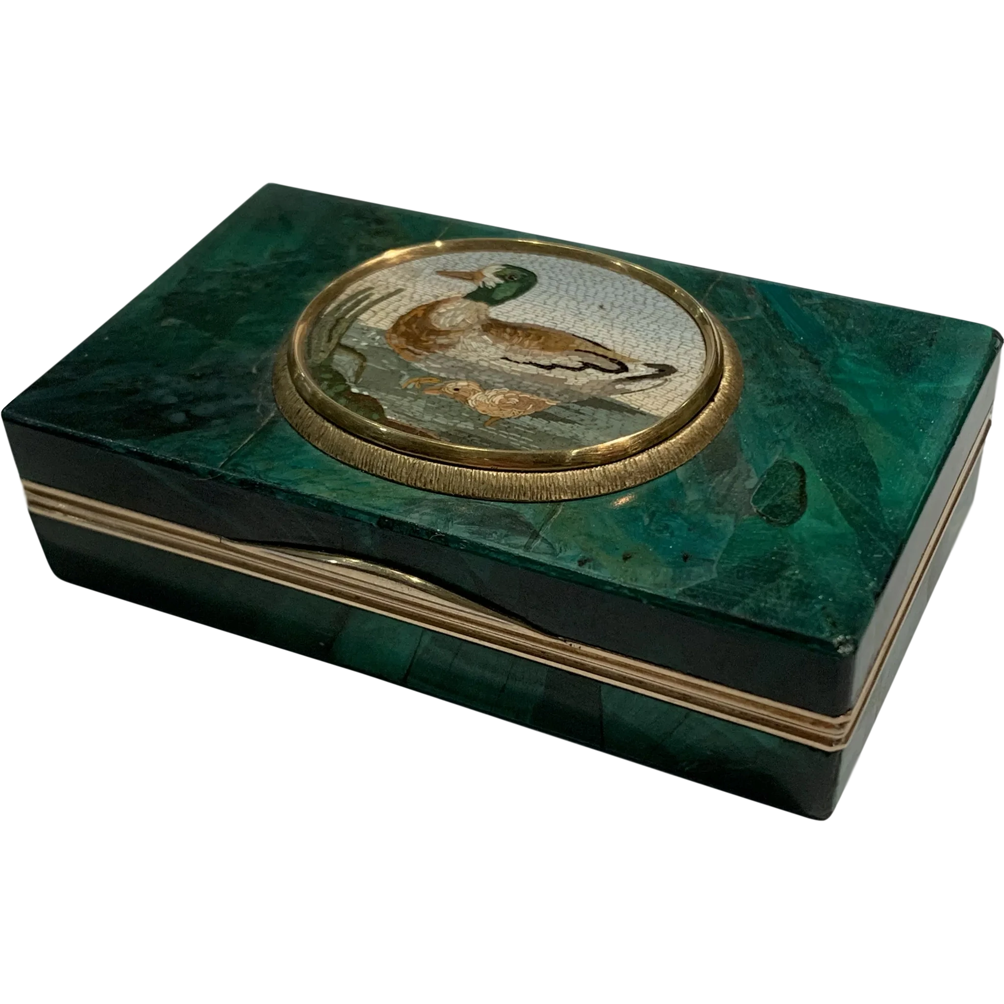 Micromosaic of duck and duckling on malachite snuff box