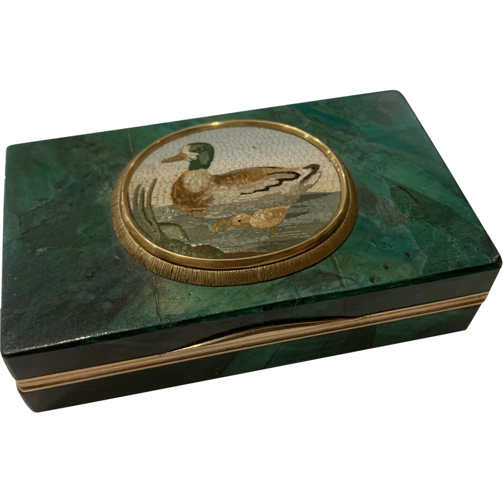 Micromosaic of duck and duckling on malachite snuff box