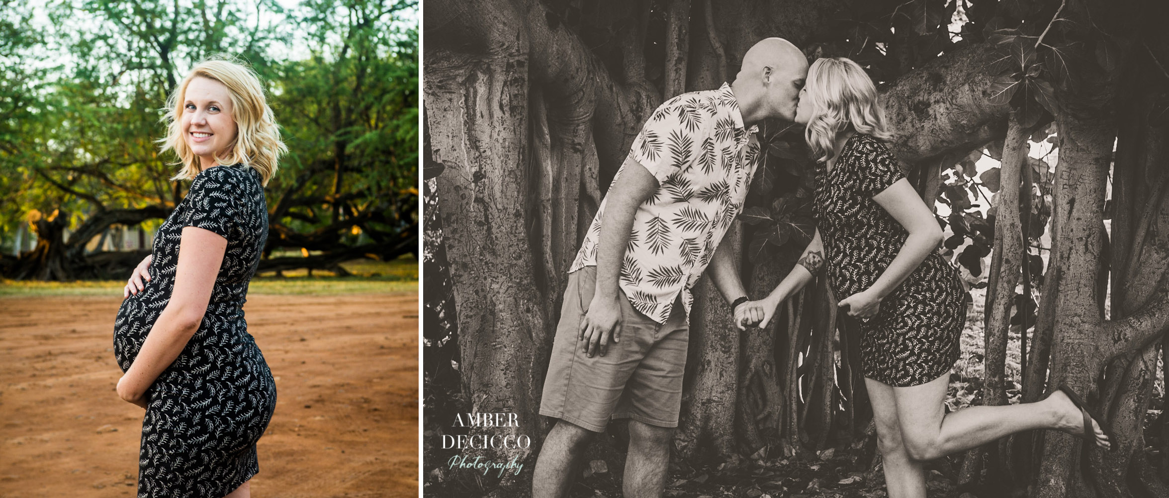 Portrait of Mom and a maternity photo of the couple kissing in front of the tree