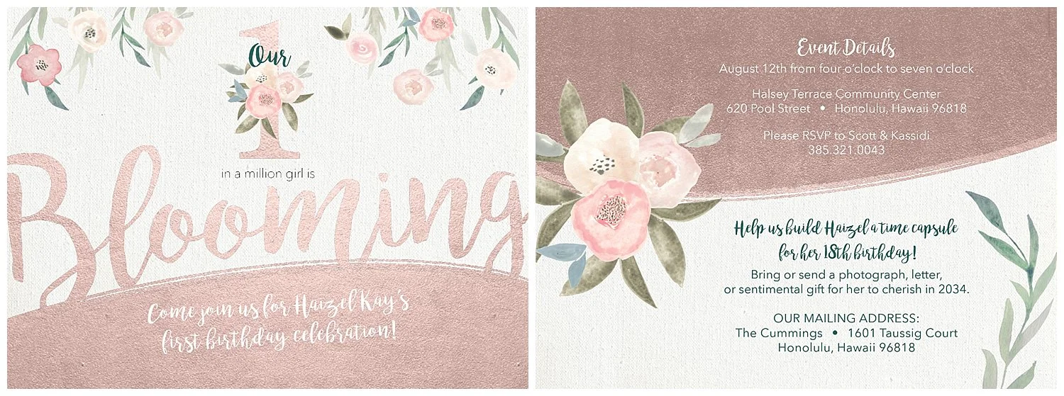Birthday invitations . 5x7. Printed with a shimmery pearl paper (pictured). Mailed with matching shimmery pearl envelopes. 2018