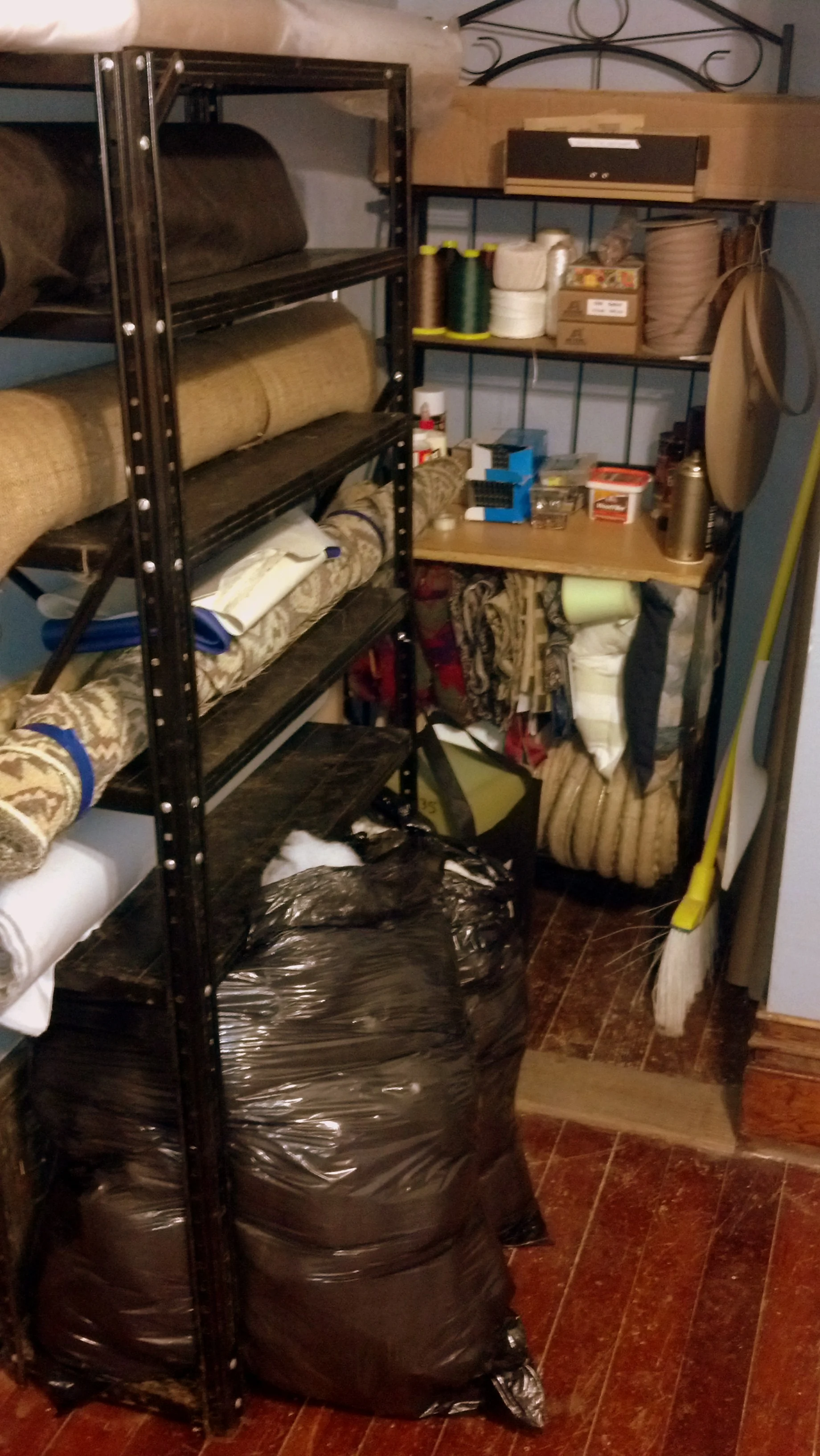 The corner where I keep the majority of my upholstery recovering and wood work supplies. These are some of the basic necessities that I have built up over the past few months. 