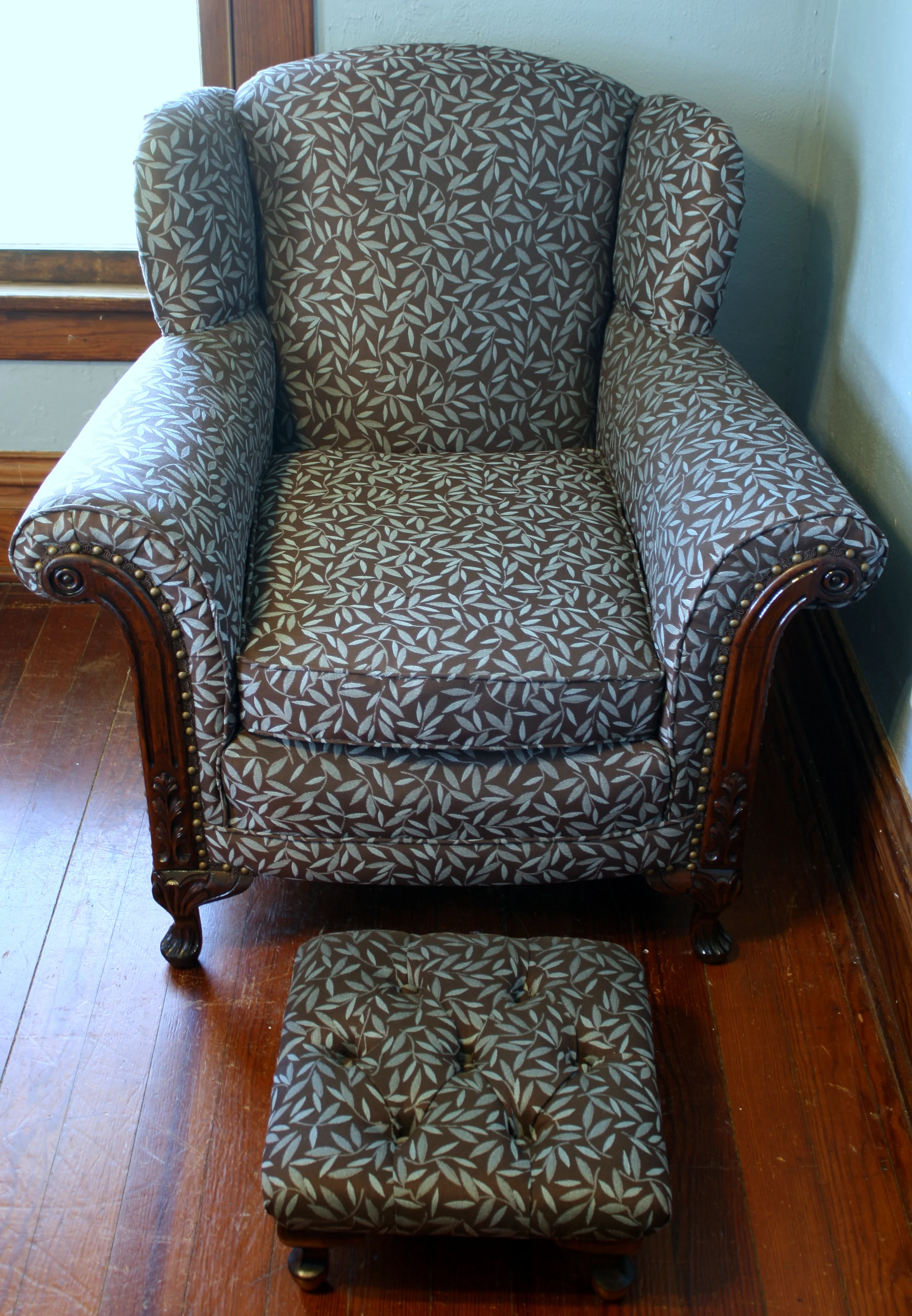 Scrolled Arm Wing Chair & Footstool