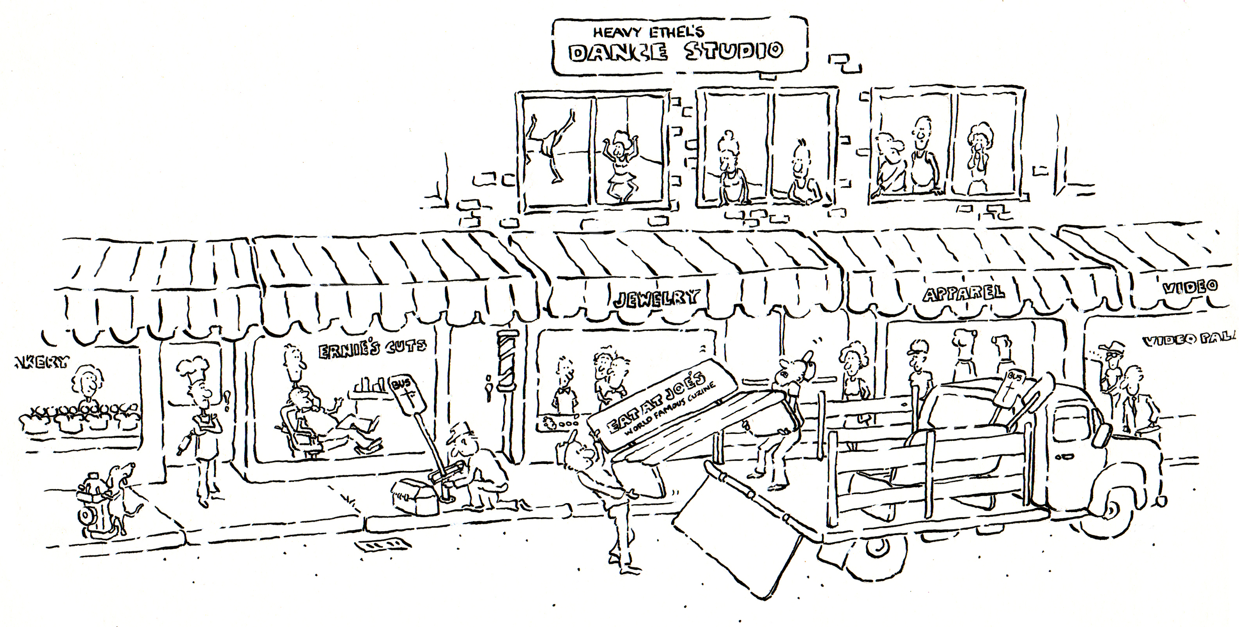 My first published art — a cartoon for a public transit brochure in the early 80's.