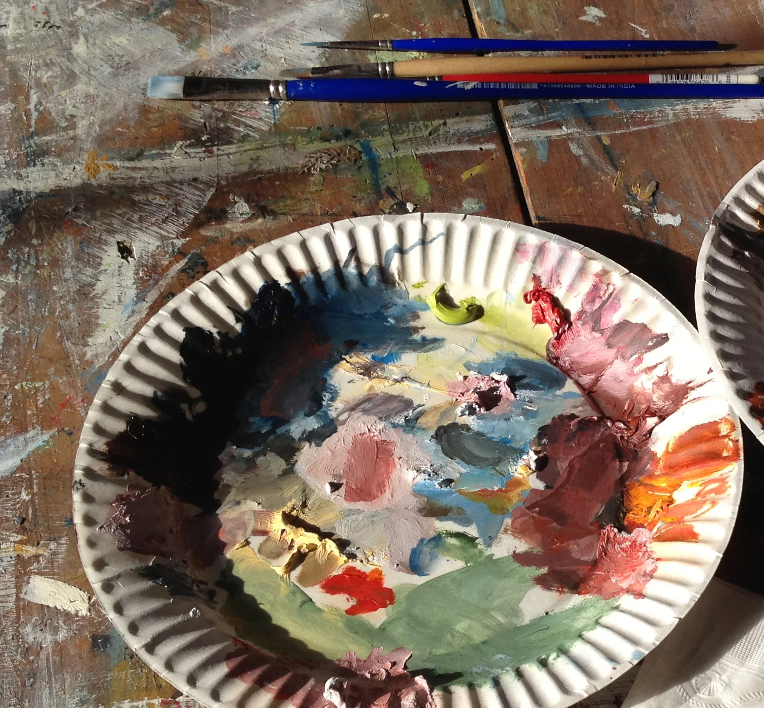 I generally work with three sizes of brushes, and use a paper plate for a palette.