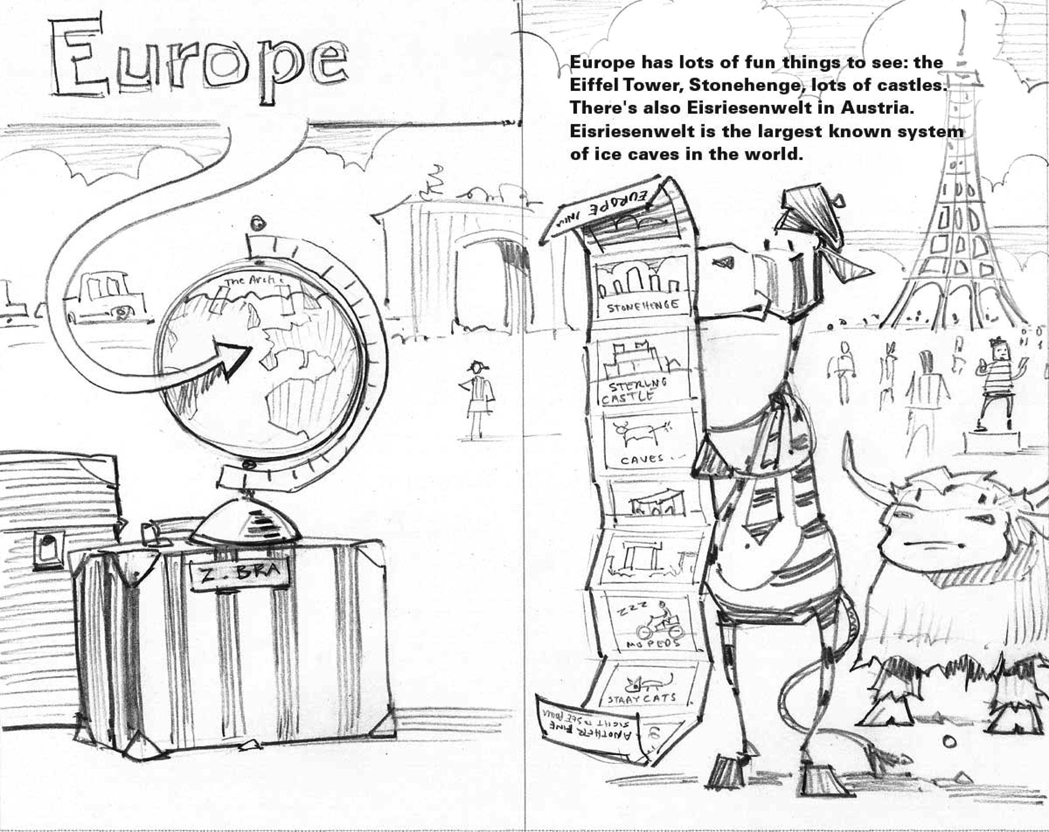 Final sketch for Europe , from The World According to Musk Ox , a spoof on a geography book.