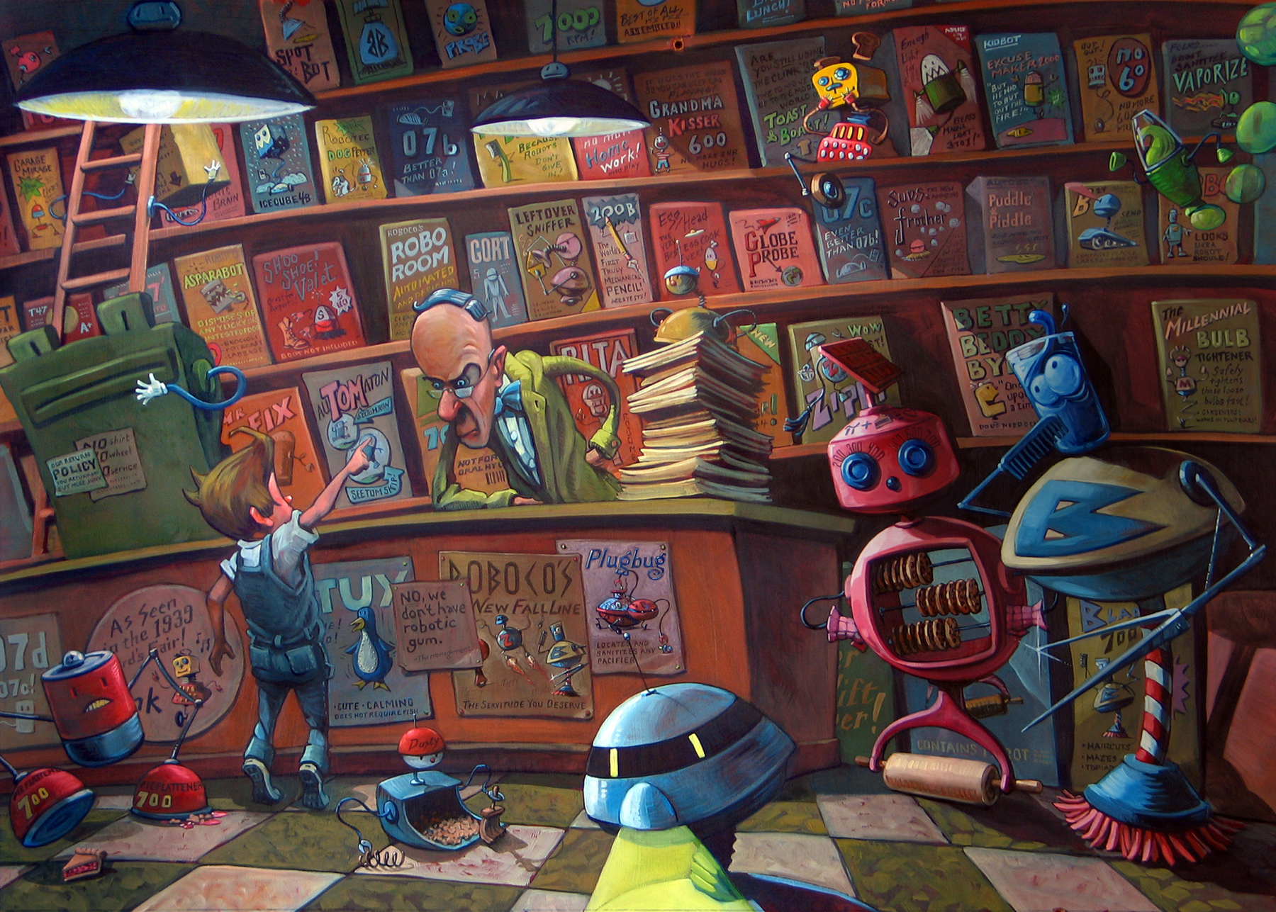 The Robot Merchant 30" wide. Oil on wood, 2010. $800. Buy this painting.