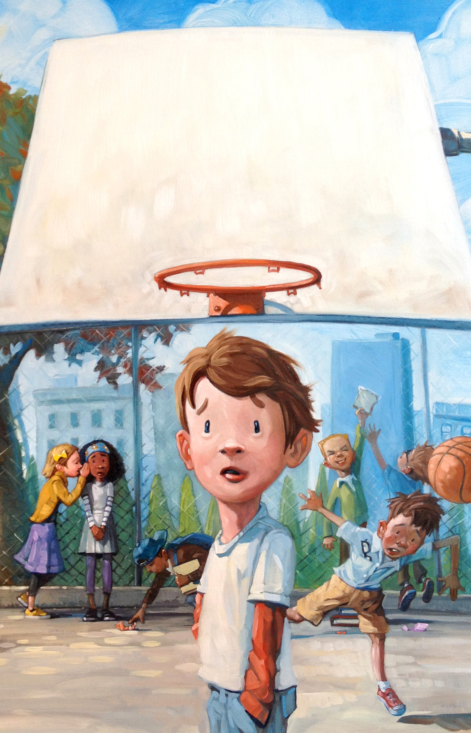 Hoop Halo Cover Illustration for 3rd Grade Angels, Scholastic Books. 14" wide. Oil on illustration board, 2012. $300. Buy this painting.