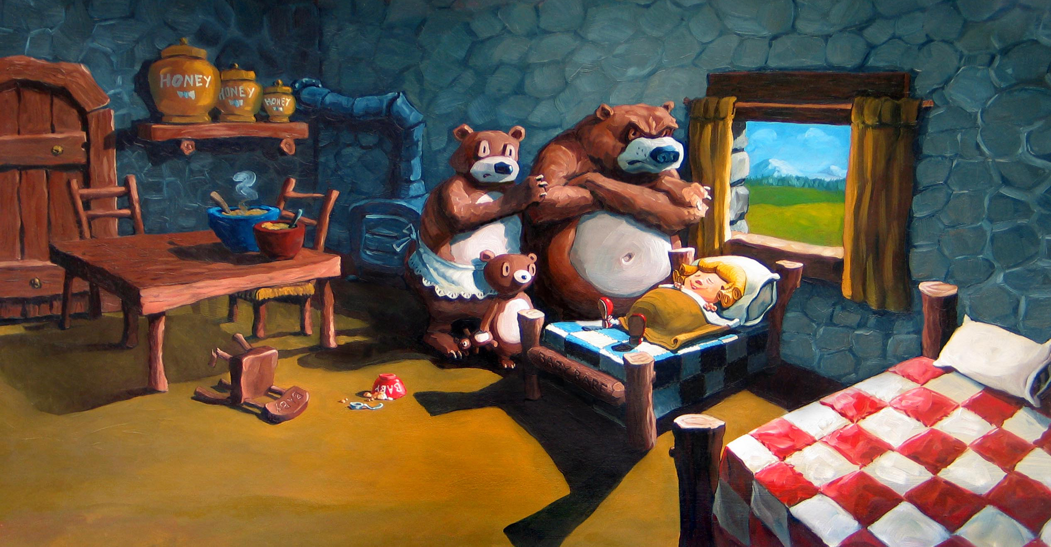 Goldilocks Illustration for a Verizon outdoor board. 27" wide. Oil on illustration board, 2000. $200. Buy this painting.
