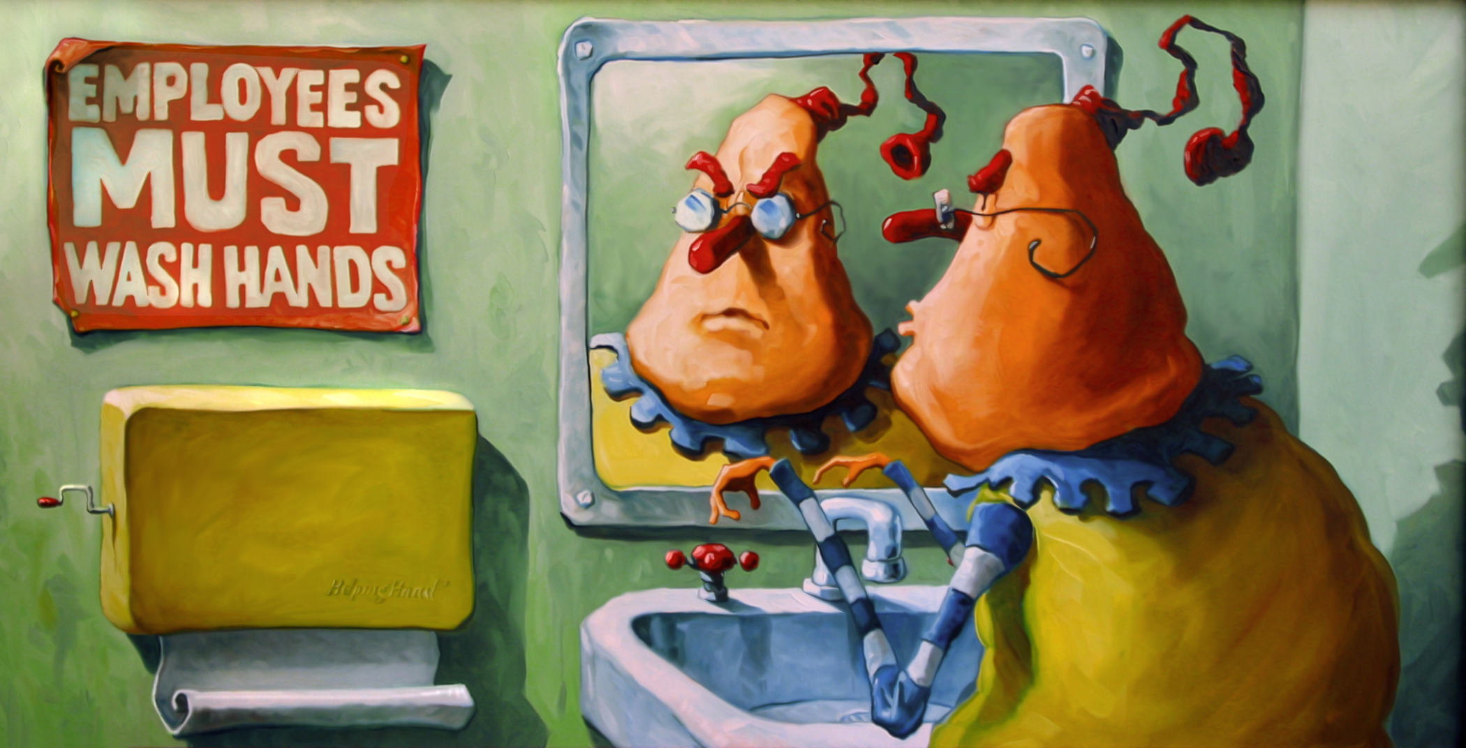 Employees Must Wash hands 46" wide with a 53" frame. Caption on frame reads, "Rules be hanged", muttered Mr. Wilson. "In another minute I'll just wash them myself." Oil on canvas, 2002. $600. Buy this painting.