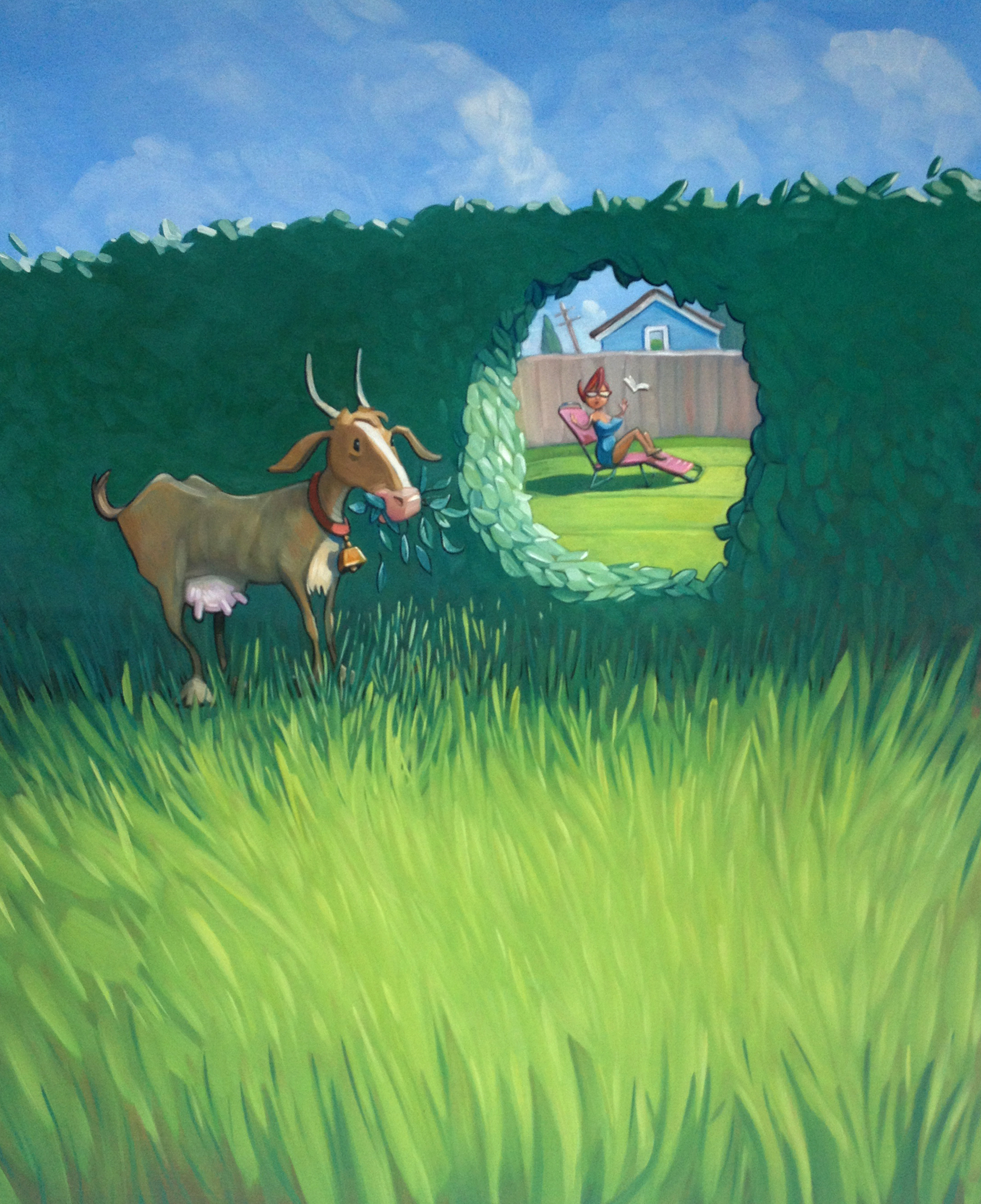 Goats Eat Anything 13" wide. Acrylic and Oil on illustration board, 2013. $300. Buy this painting. 