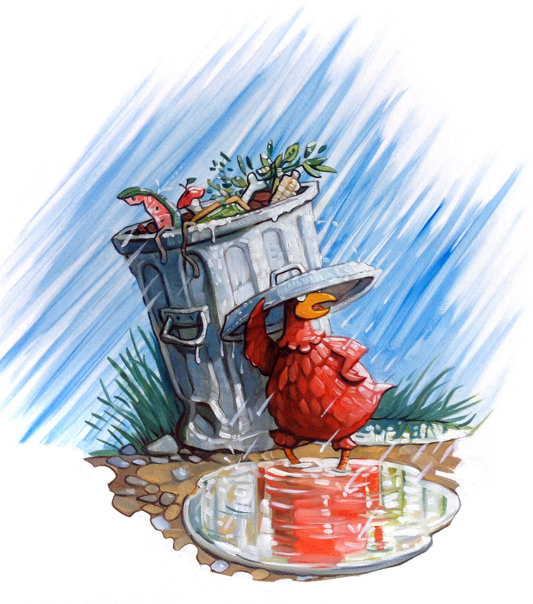 Garbage! 11" wide. Acrylic and Oil on illustration board, 2013. $100. Buy this painting. 
