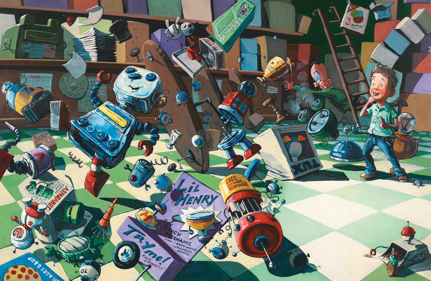 Chaos in the Robot Shop 32" wide. Oil on illustration board, 2010. $800. Buy this painting.
