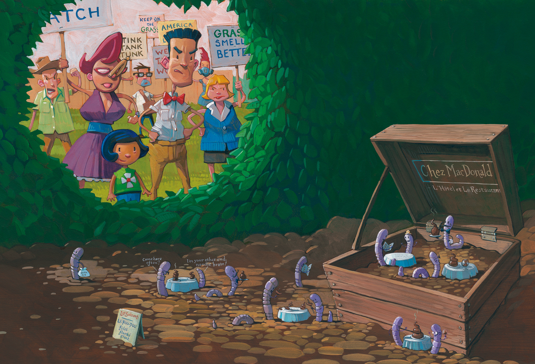 Worm Hotel 26" wide. Acrylic and Oil on illustration board, 2013. $600. Buy this painting.