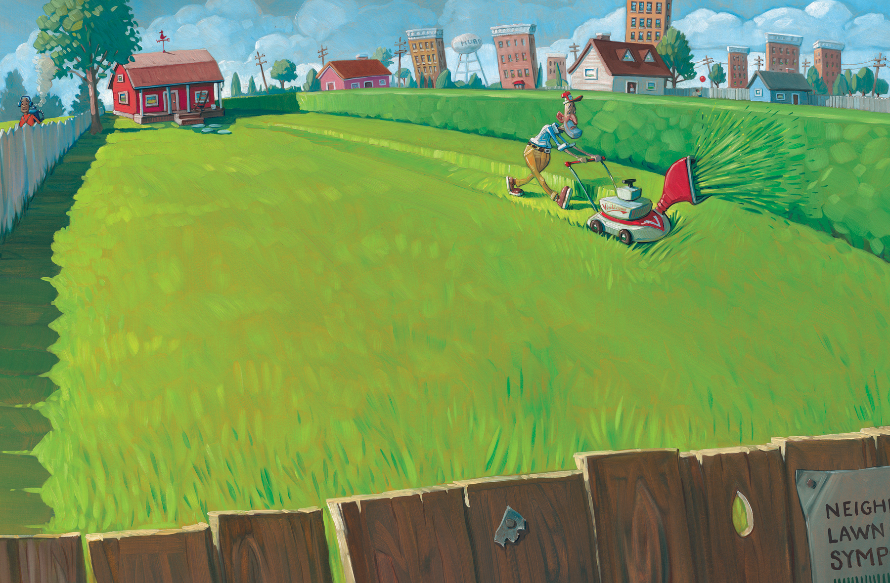 Mowing the Lawn Again 27" wide. Acrylic and Oil on illustration board, 2013. $600. Buy this painting.