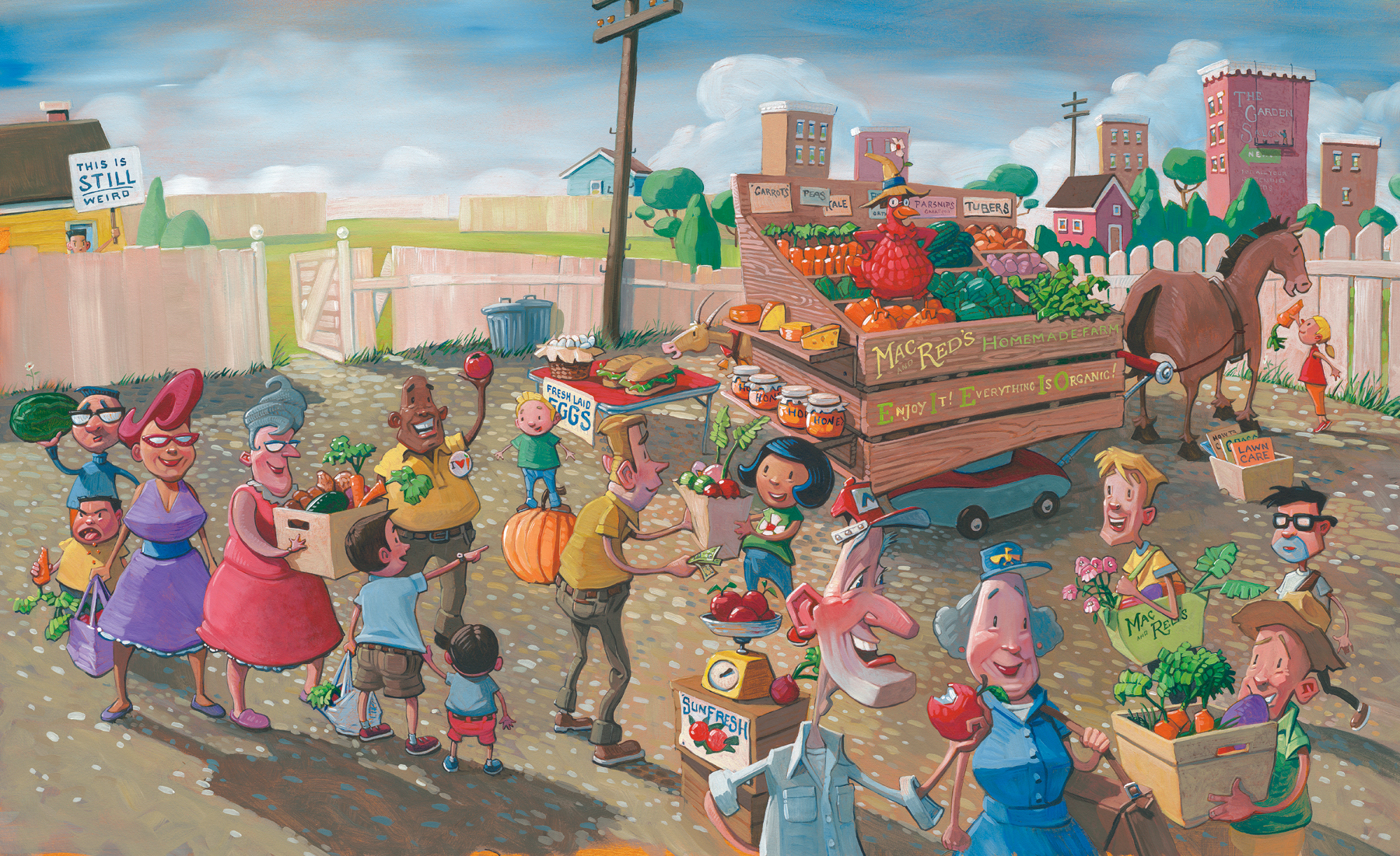 Green Market 26" wide. Acrylic and Oil on illustration board, 2013. $500. Buy this painting. 