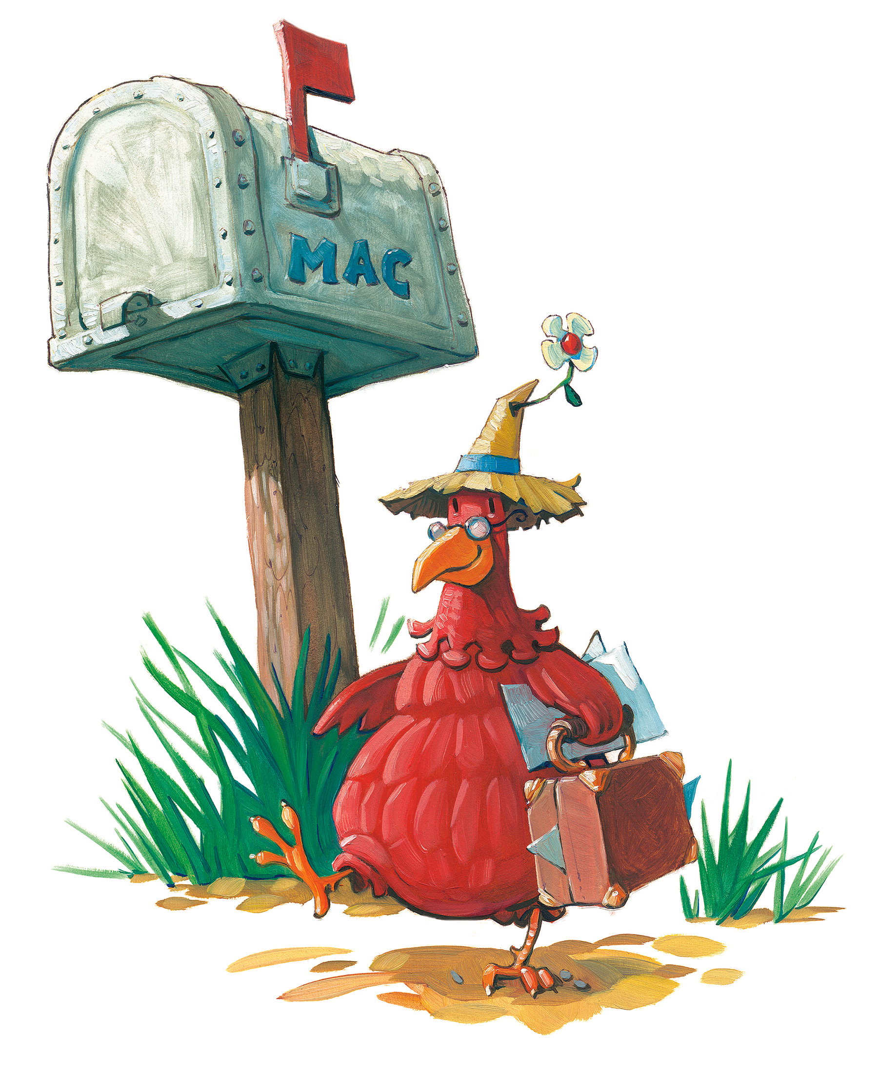 The Red Hen Arrives 11" wide. Acrylic and Oil on illustration board, 2013. $300. Buy this painting. 