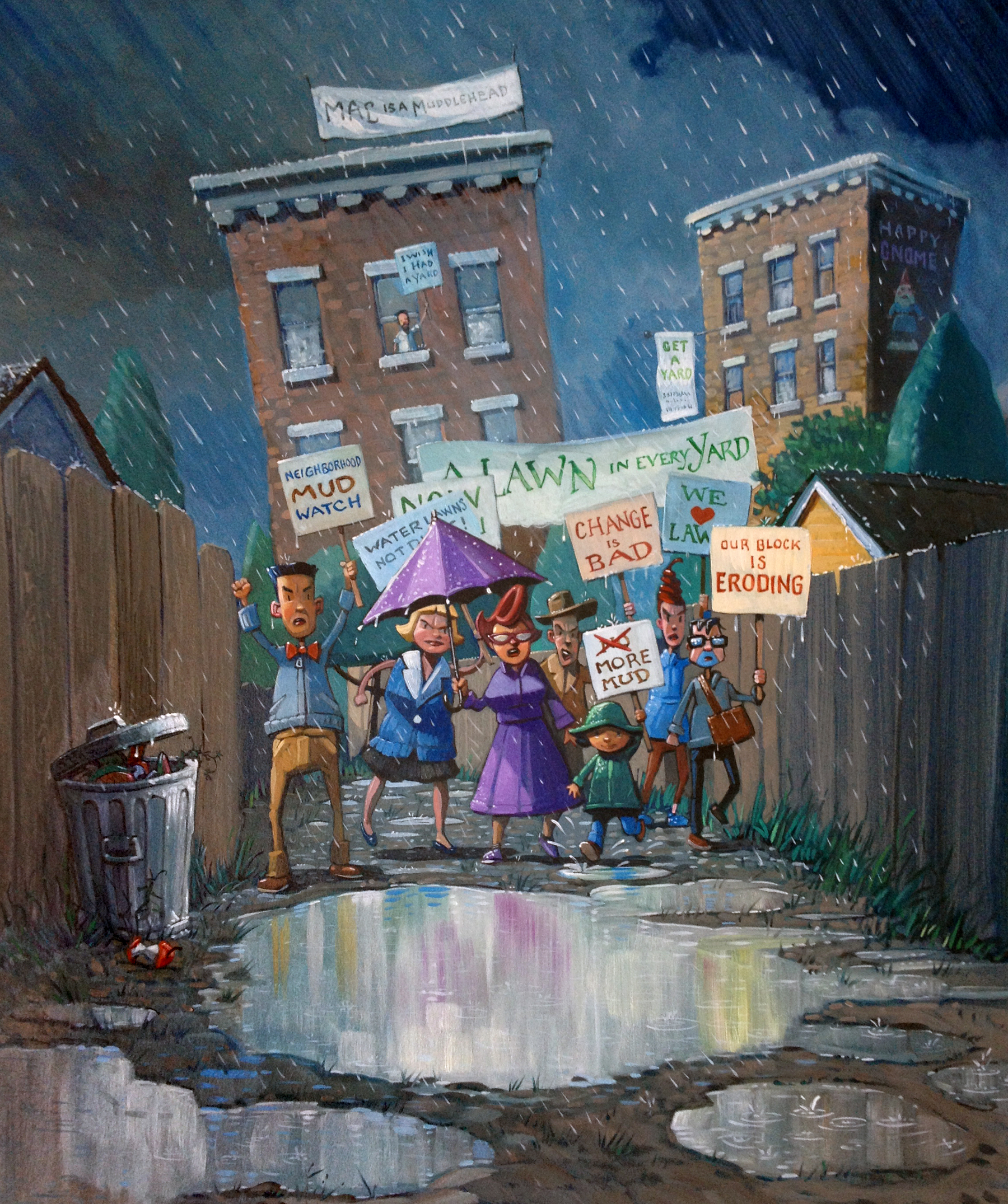 Protest in the Alley 13" wide. Acrylic and Oil on illustration board, 2013. $400. Buy this painting. 