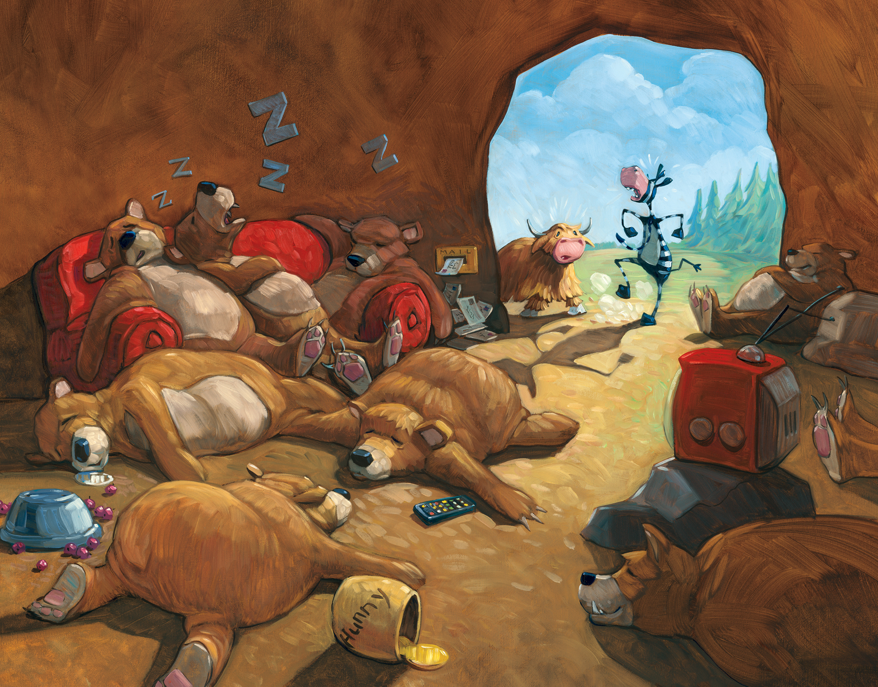 9 Bears 22" wide. Oil on illustration board, 2012. $800 . Buy this painting.