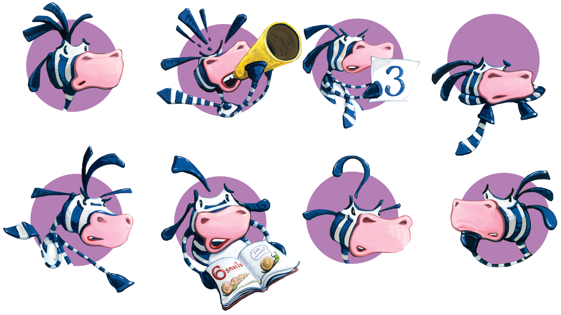 Zebra Moods (eight vignettes) 28" wide. Oil on illustration board, 2012. $200 . Buy this painting.