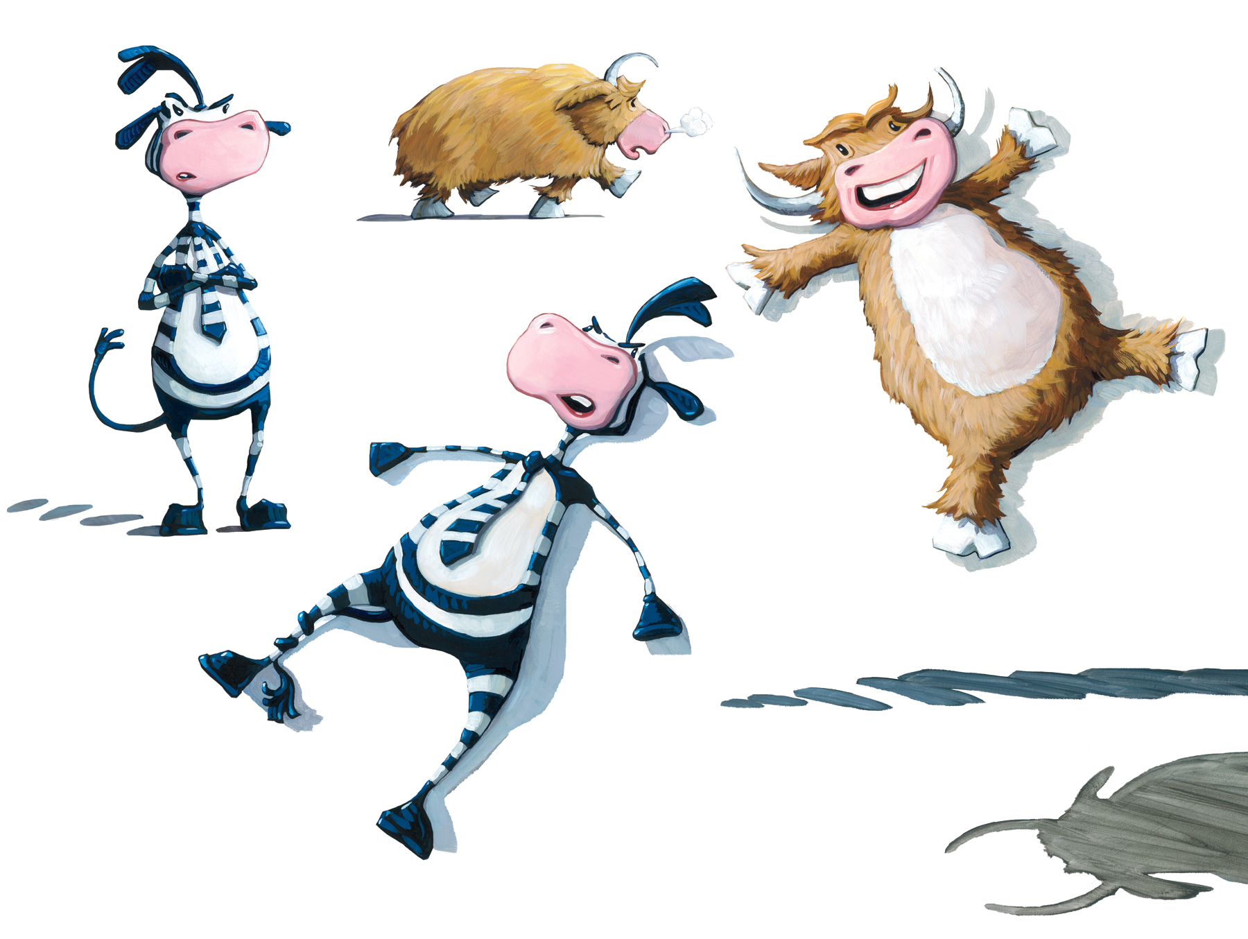 Tuck Your Tail! (four vignettes) 28" wide. Oil on illustration board, 2012. $300 . Buy this painting.
