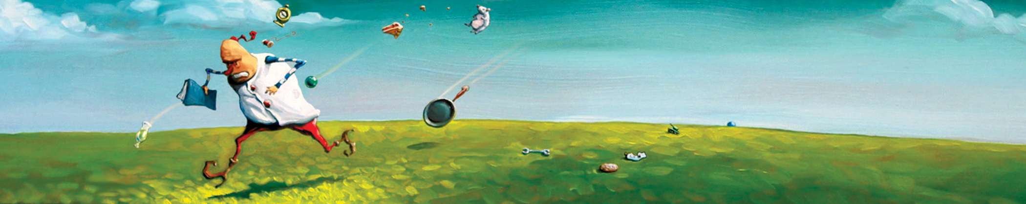 God's Wrath 38" wide, painted on a wood panel frame. Caption on frame reads, "Mr. Kensington didn't know who was pelting him with various items, and he didn't much care." Oil on wood, 2005. $500. Buy this painting.