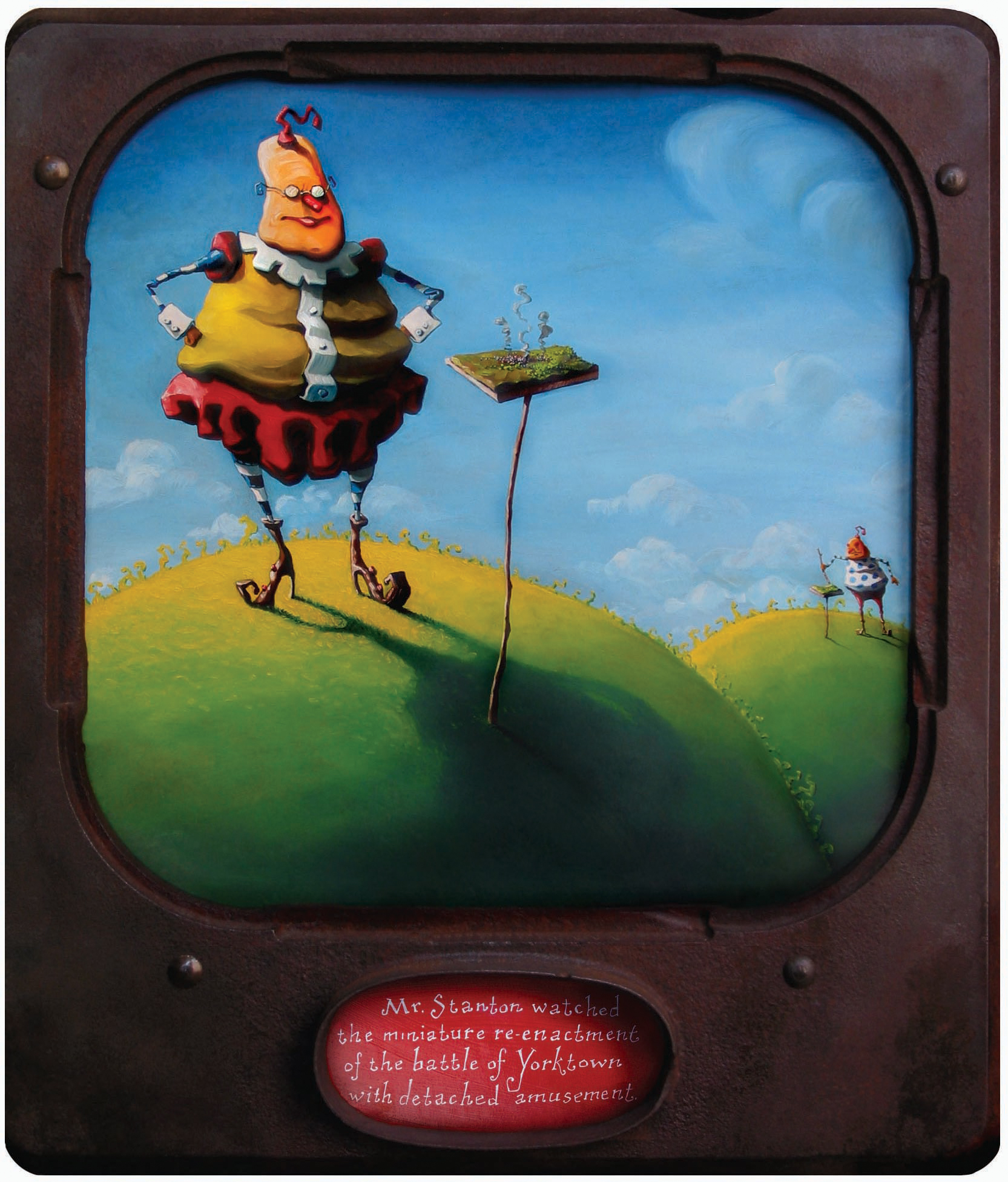 Battlefield Museum 22" wide. Oil on wood, set into an iron frame, 2002. Caption on frame reads, "Mr. Stanton watched the miniature reenactment of the Battle of Yorktown with detached amusement." $300. Buy this painting.