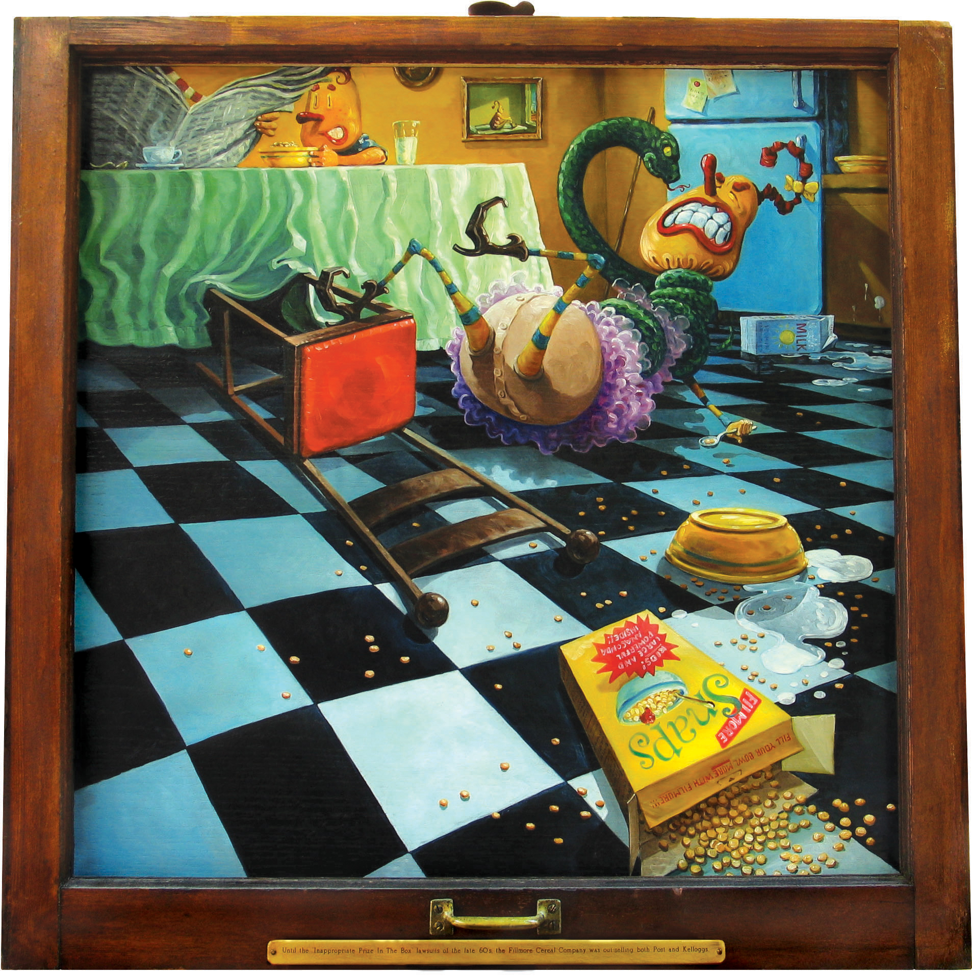 Prize in the Box 30" wide, framed in an antique window, 1998. Caption on frame reads, "Until the 'Inappropriate Prize in the Box' lawsuits of the late 1960's, the Fillmore Cereal Company was out-selling both Post and Kelloggs." $400. Buy this painting.