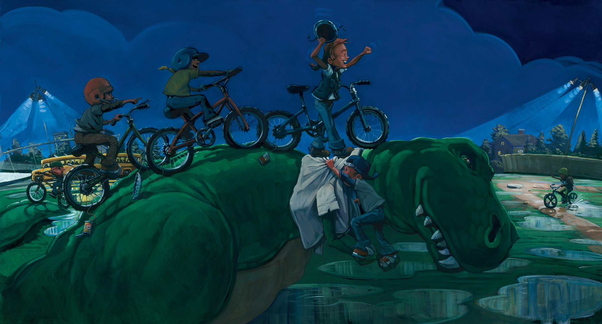 Bikes on Dad 25" wide. Oil on illustration board, 2010. $500 . Buy this painting.