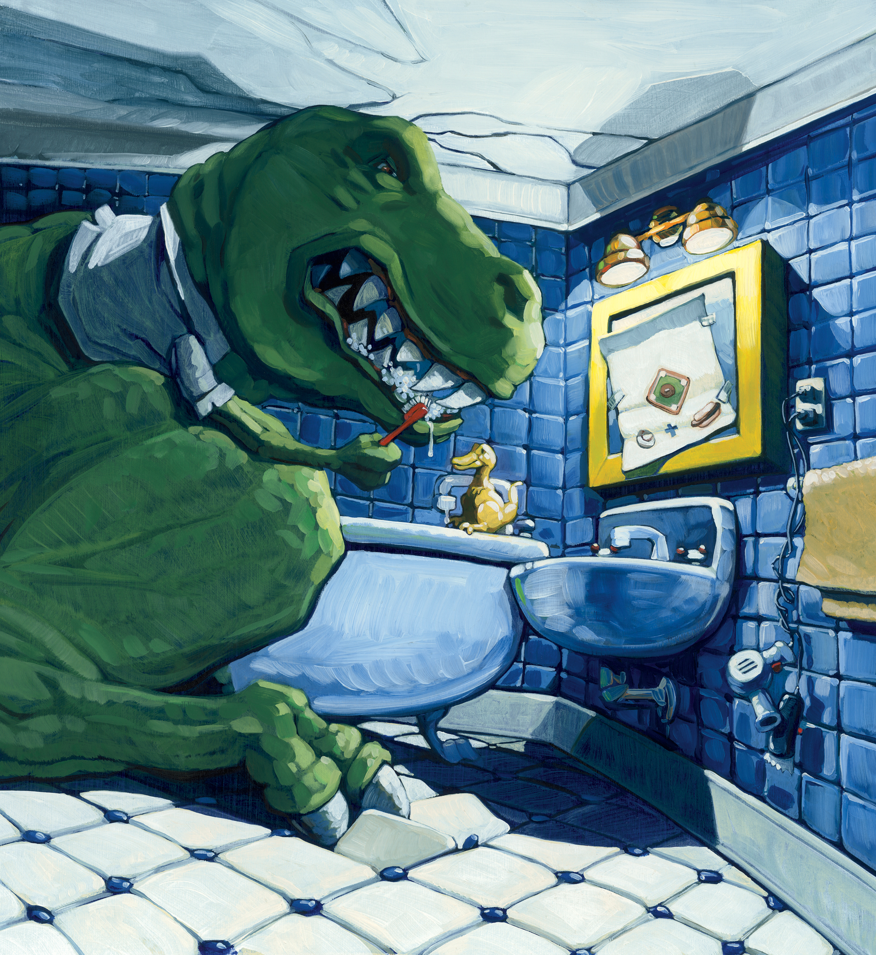 Dad Brushing his Teeth 13" wide. Oil on illustration board, 2010. $600 . Buy this painting.
