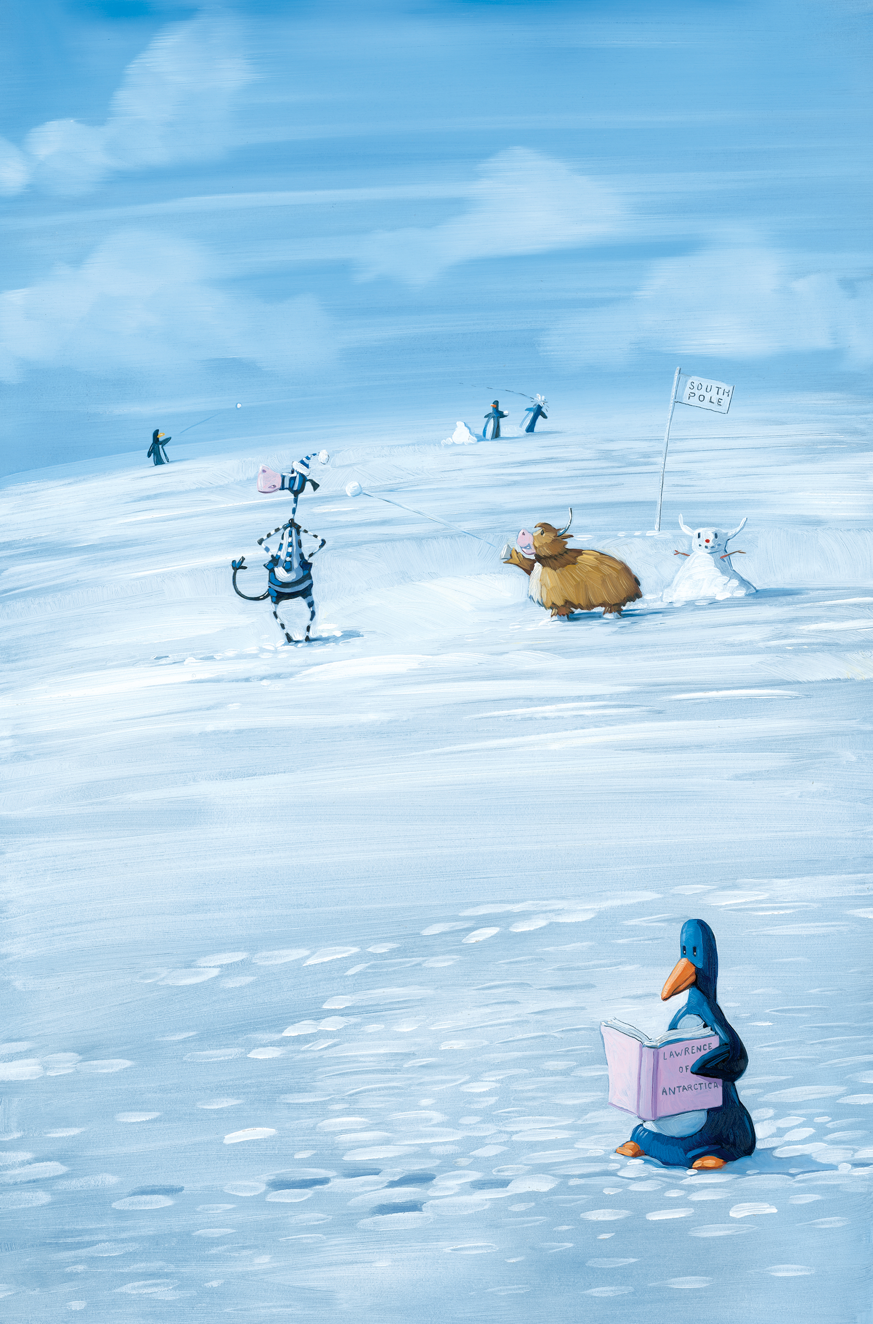 Snowball Fight 11" wide. Acrylic and oil on illustration board, 2013. $300 . Buy this painting.