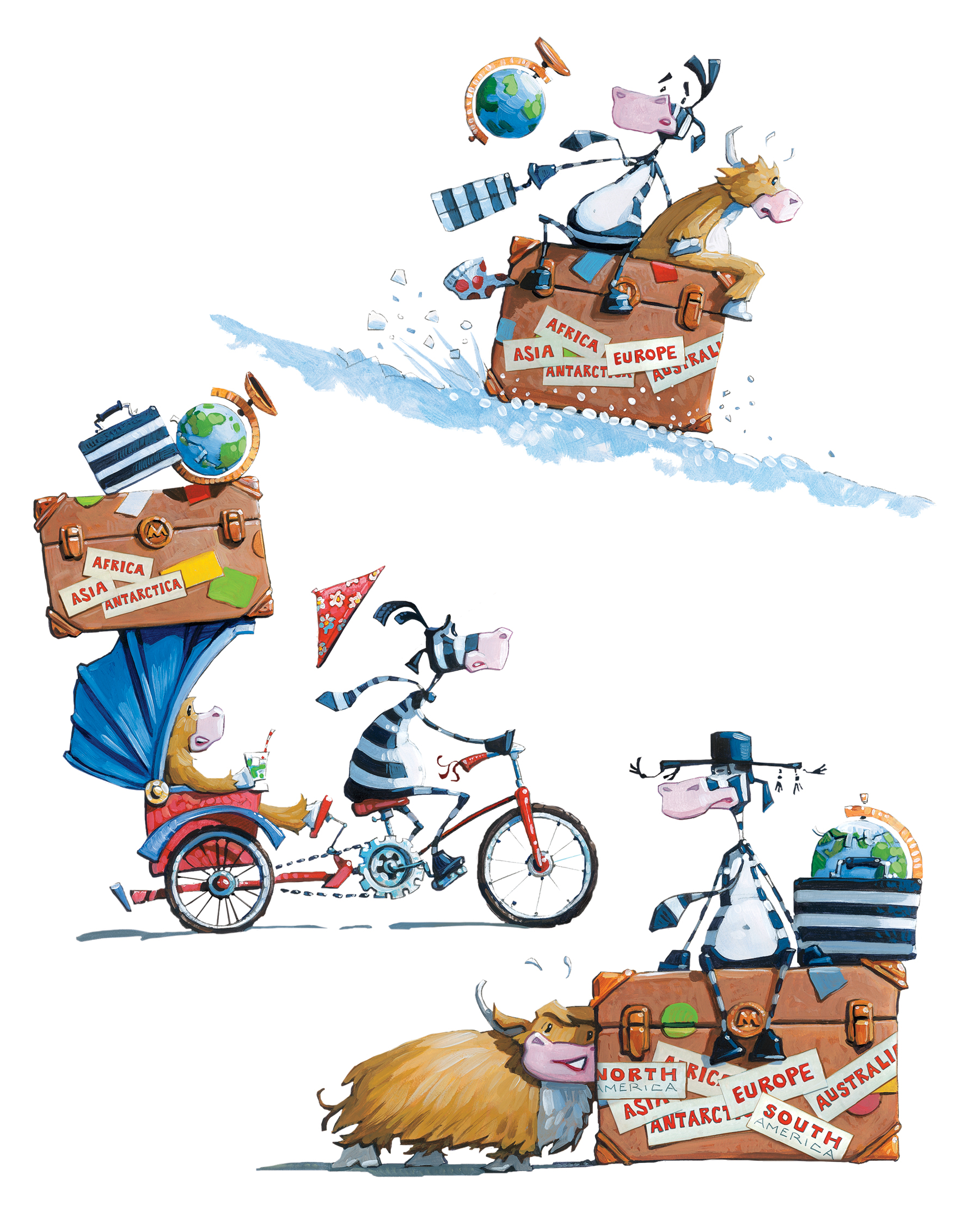 Have Trunk Will Travel (three vignettes) 14" wide. Acrylic and oil on illustration board, 2013. $400 . Buy this painting.