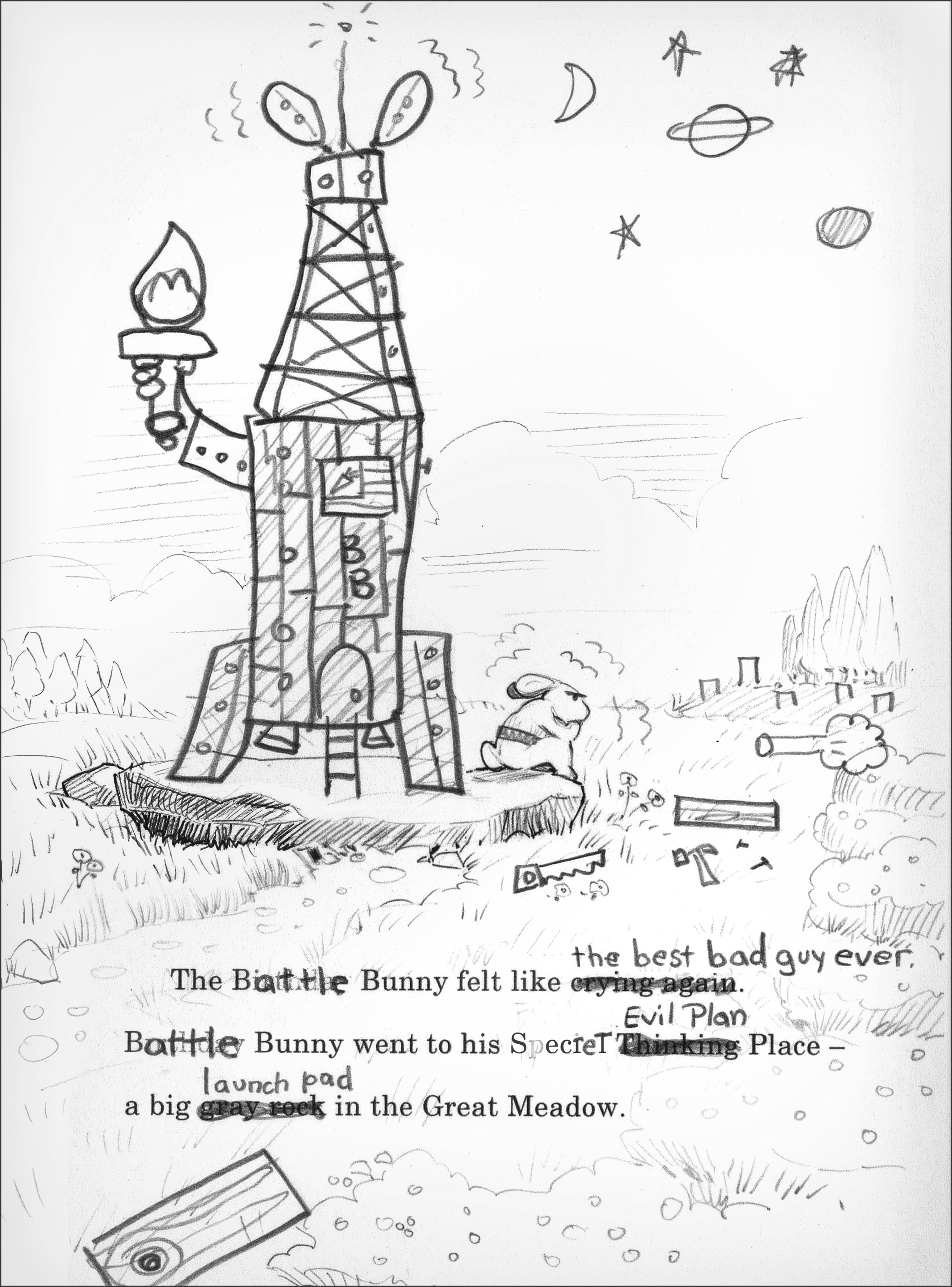 Altered sketch for Hatching Plans, the final book version of Bunny's Thinking Place.