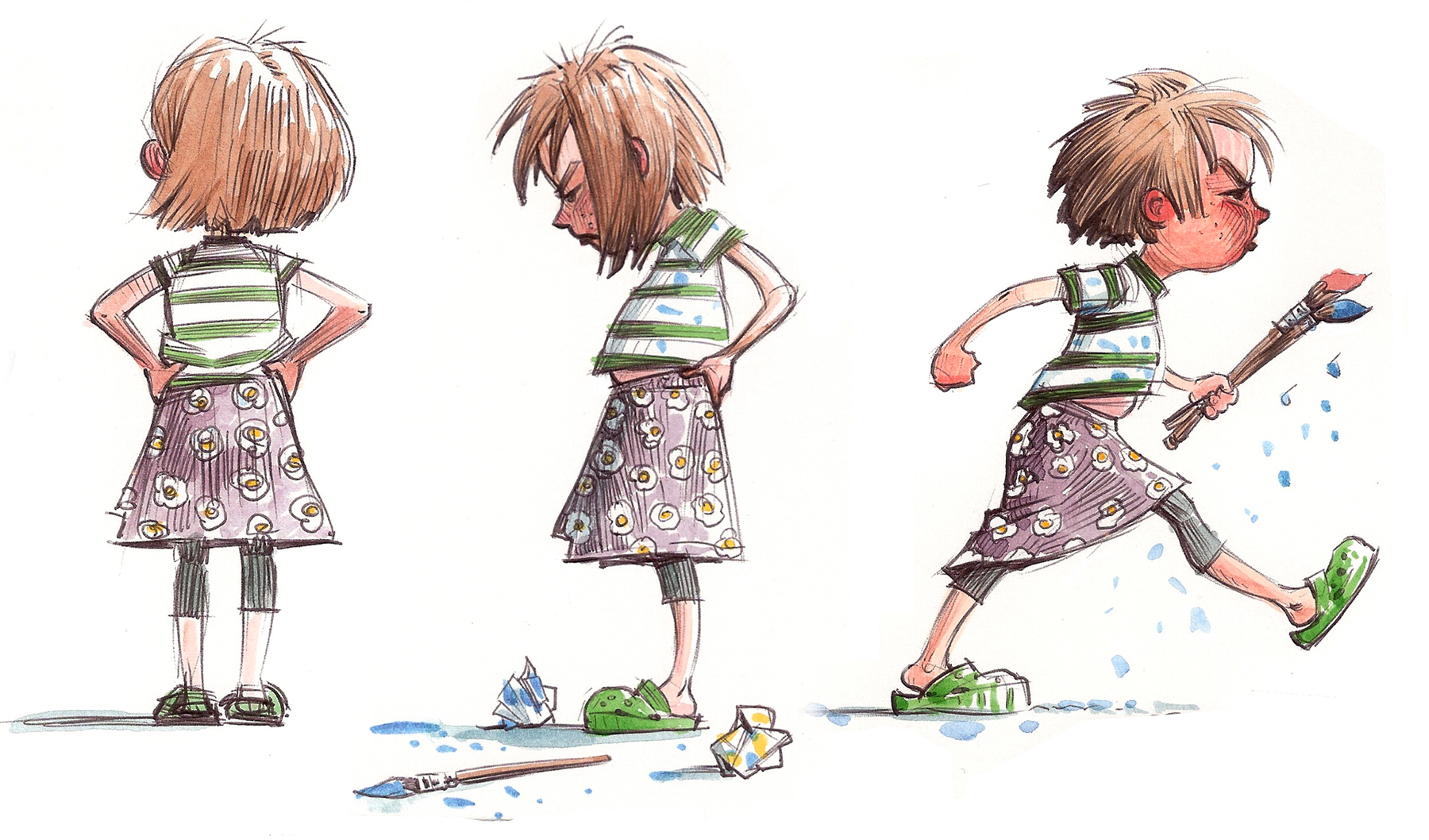 Studies for the girl. Note how not cute she is! Cute takes time, for me. Especially when I am struggling to learn a new medium.