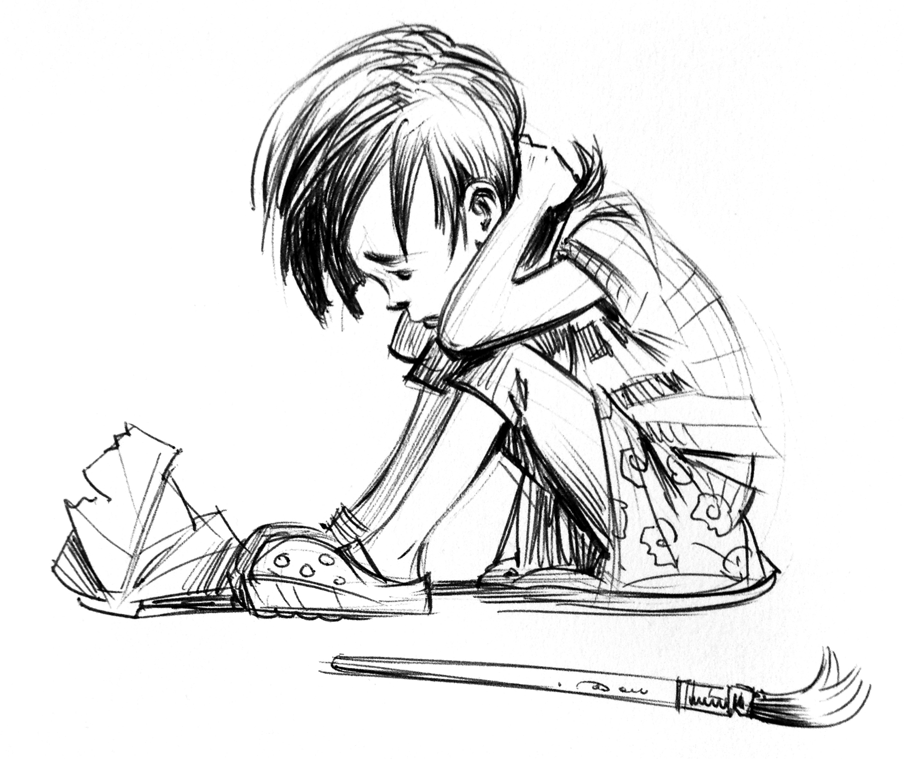 Another ink drawing before color was added. I originally proposed making book only in ink drawings, except for the girl's own watercolors.