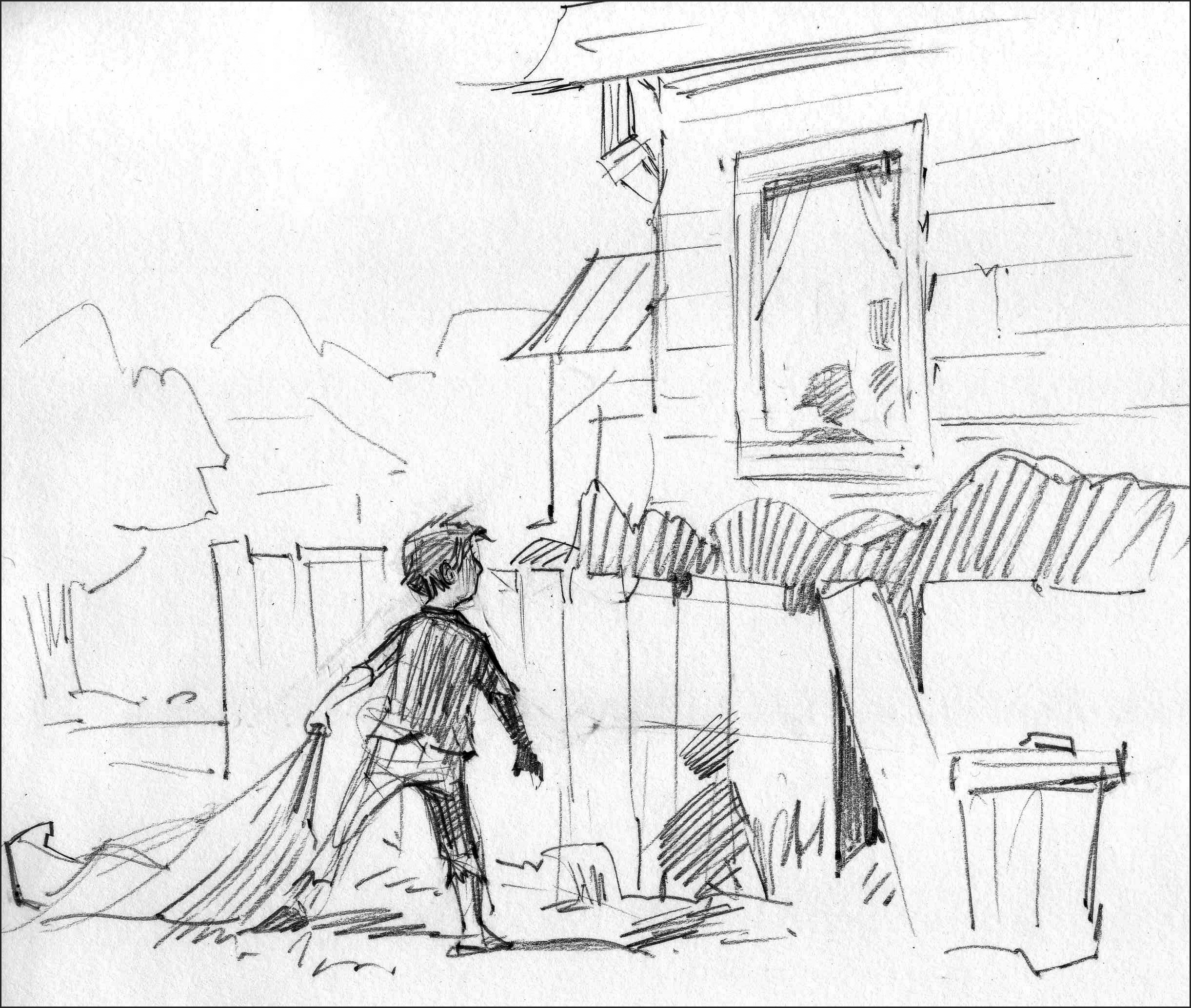 Sketch for Home Again . Rather than have the boy return to his home via the front door, I put him in the backyard, behind a fence, to illustrate the distance his adventure/growth has put between himself and the boy he was.