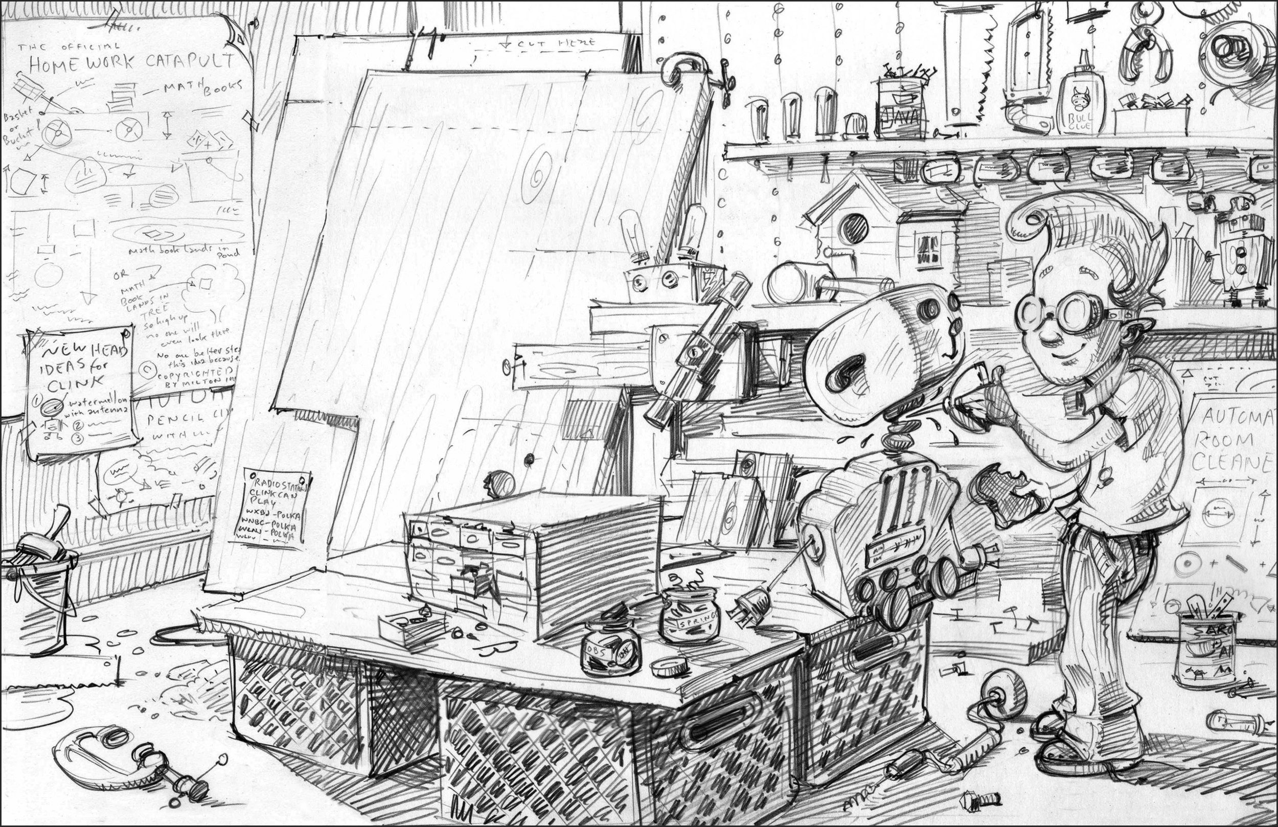 Second sketch for Milton's Workshop. Note the different radio body on Clink.