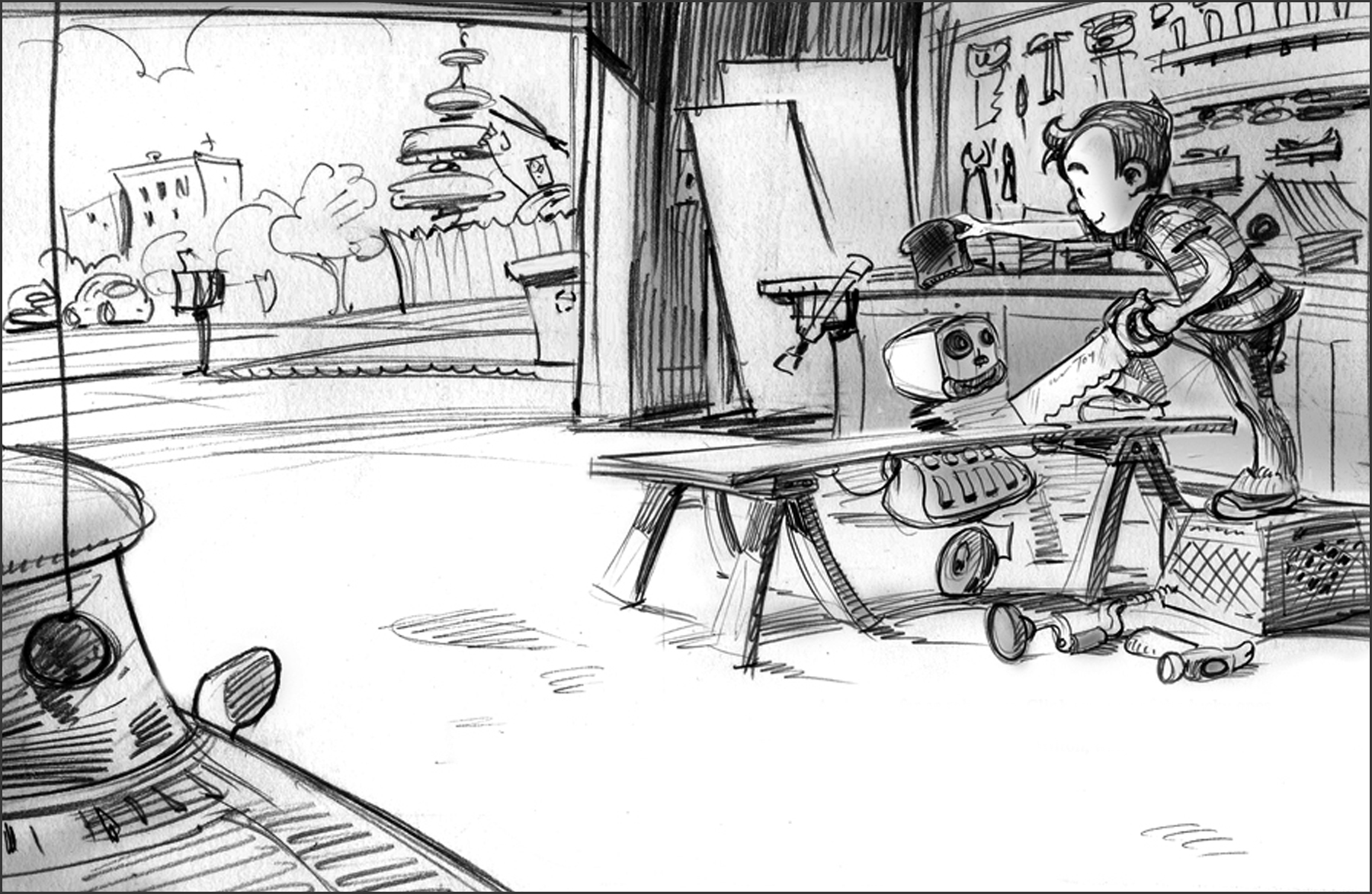 First sketch for Milton's Workshop.