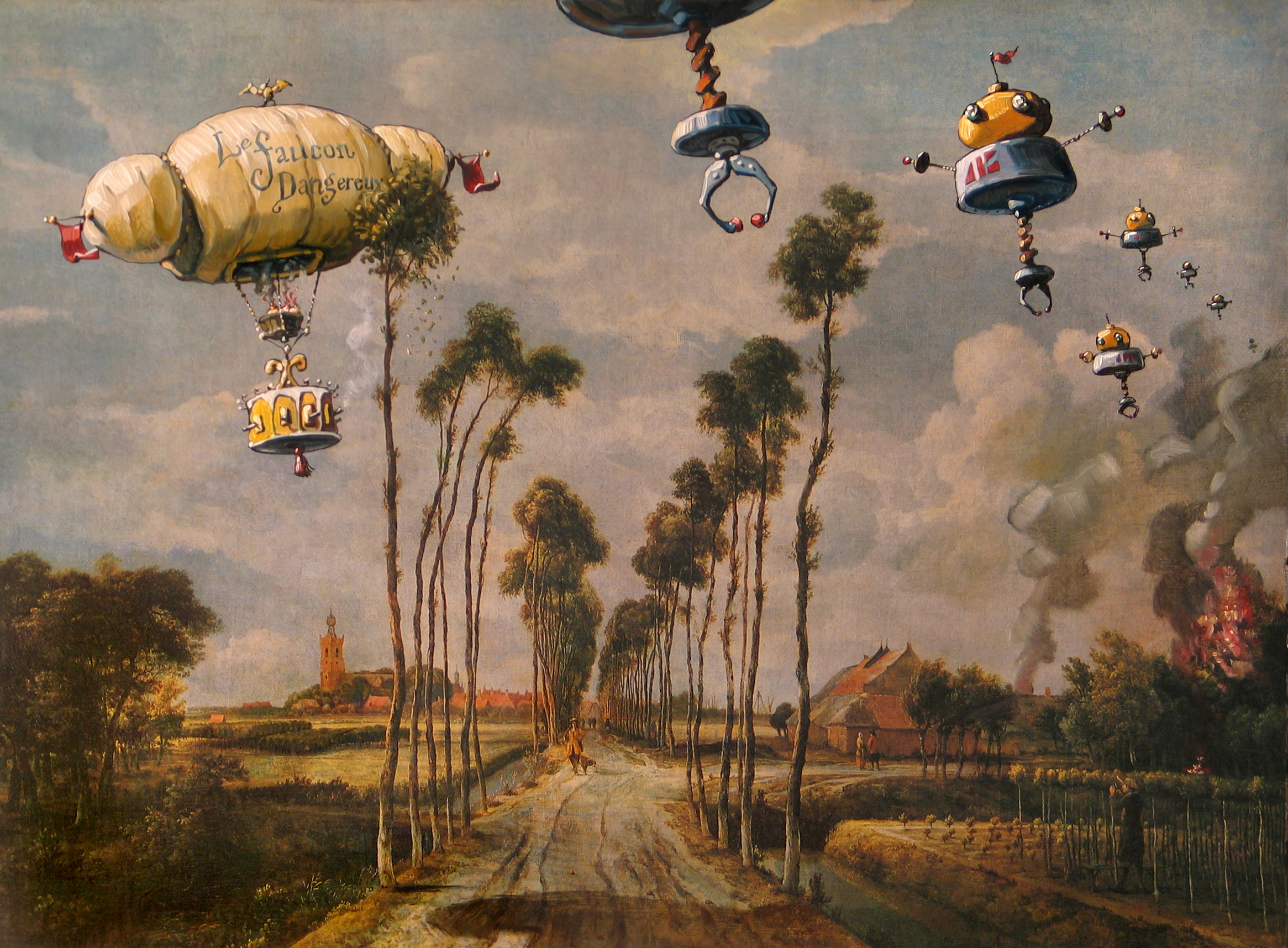 Les Faucons Dangereaux • Oil on an existing print