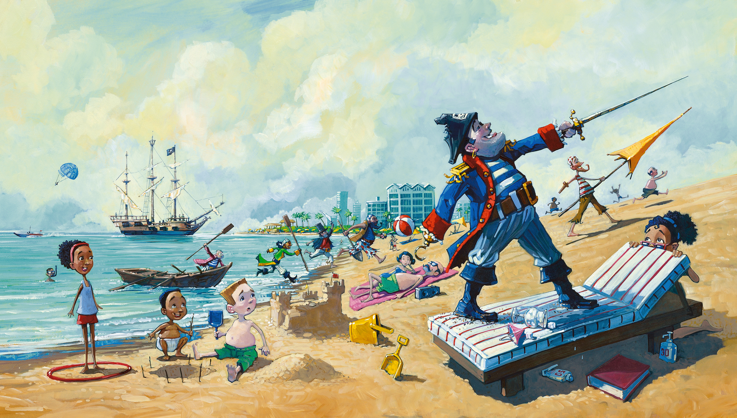 Storming the Beach • Oil on illustration board. Up to this point in the book, we assume these Pirates live in the age of sailing ships.