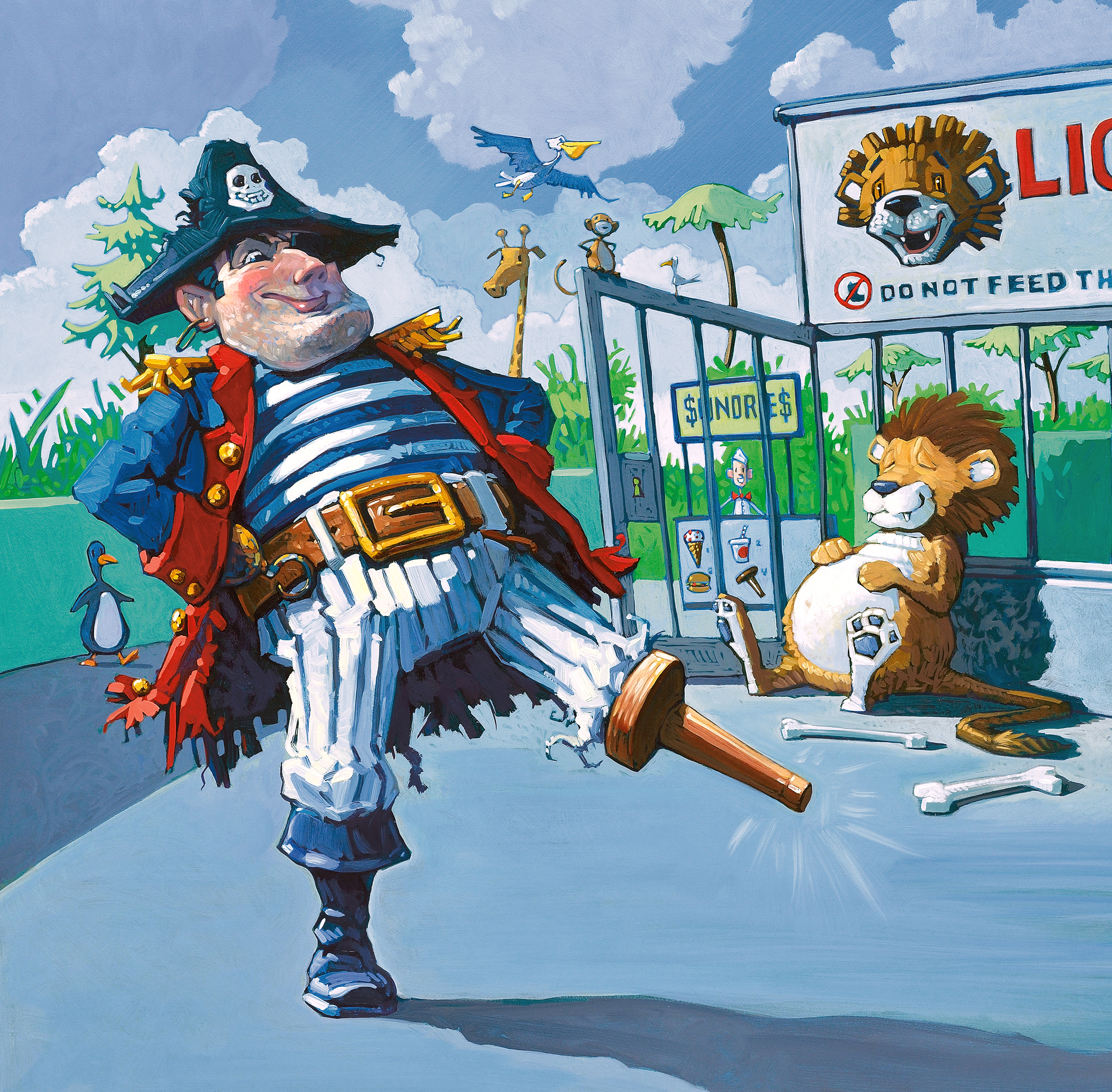 I Got Me Wooden Leg! • Oil on illustration board. This was on the checklist of things every pirate needs. Can you see where he got his peg? Trivia: The skull on the captain's hat always reflects his mood.