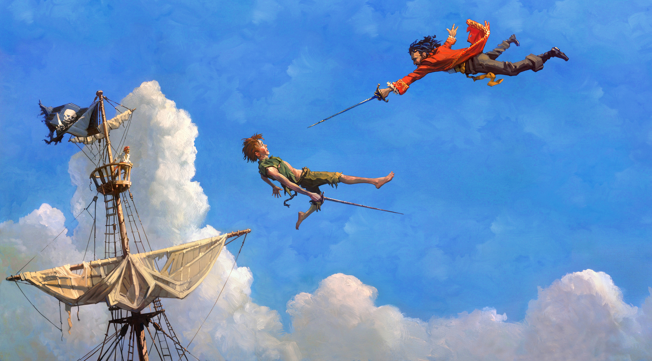 The Duel • Oil on Masonite. Peter and Hook are both given magic dust, so they have a sword fight above the rigging of Hook's ship. Obviously, Hook has not yet lost his arm.