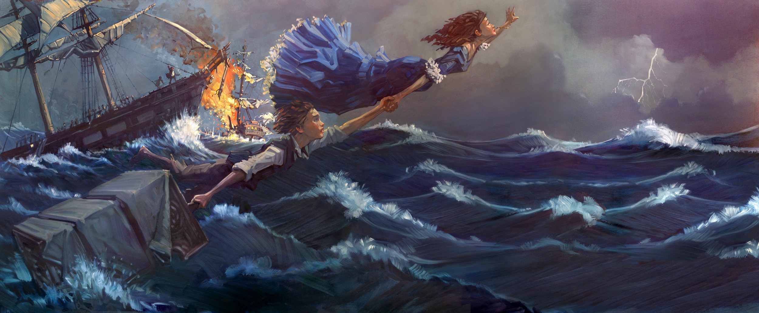 Escape • Oil on Masonite. Peter gets help, before he learns to fly. Whenever I paint in a realistic way, I use reference photos. The ship was from one source, the flames and waves from other photos. I photographed the models standing up, then altered their poses for the painting.