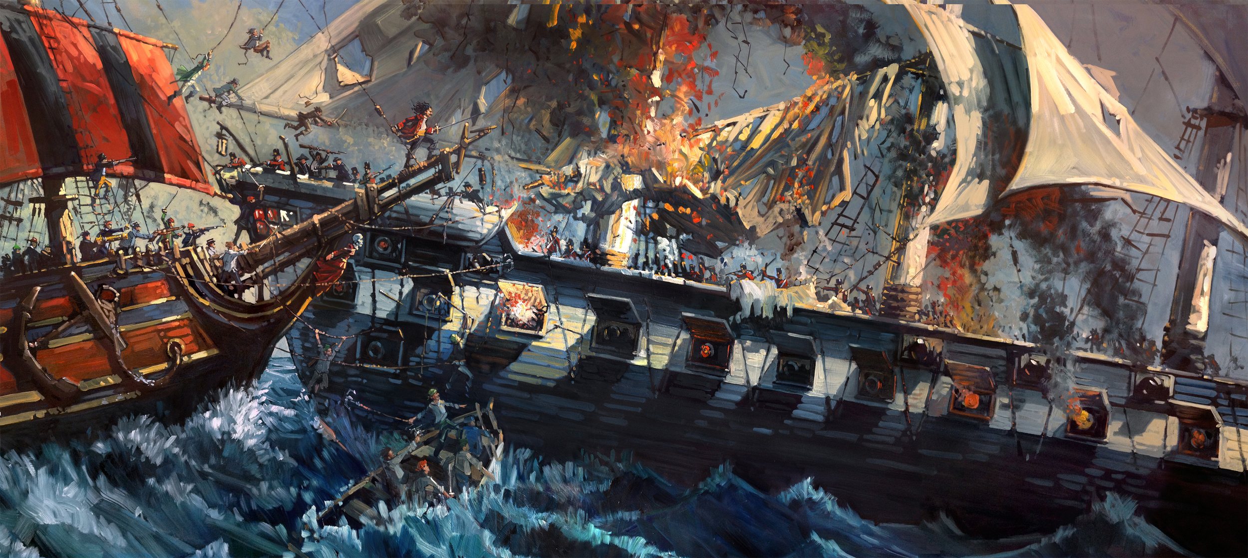 Boarding Party • Oil on masonite. This one was a real marathon. I never counted the number of sailors and pirates, but it felt like a million as I was painting.
