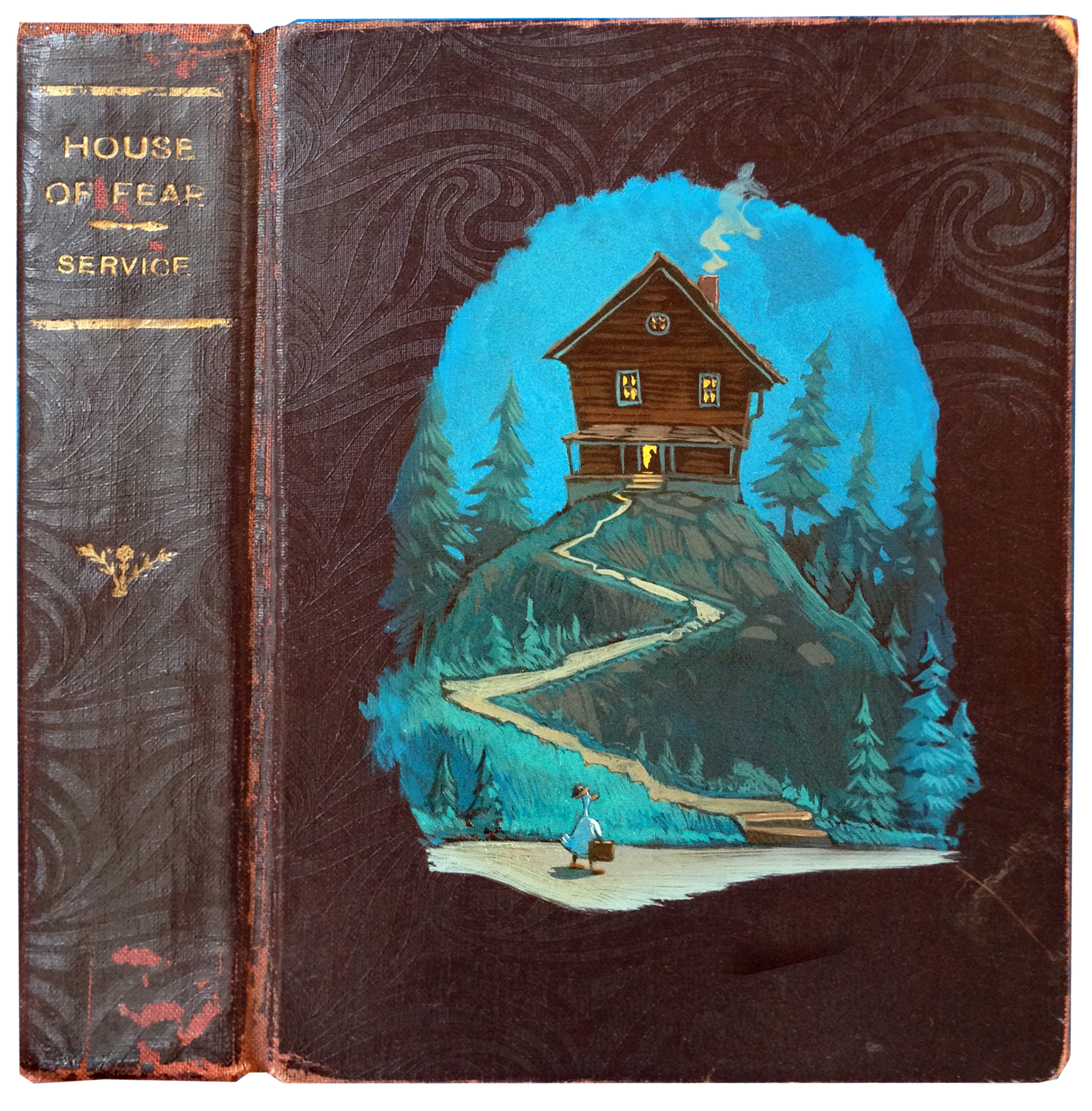 House of Fear • 7" wide, in a 13" wide frame. Oil on a book cover, 2015. $250. Buy this painting.