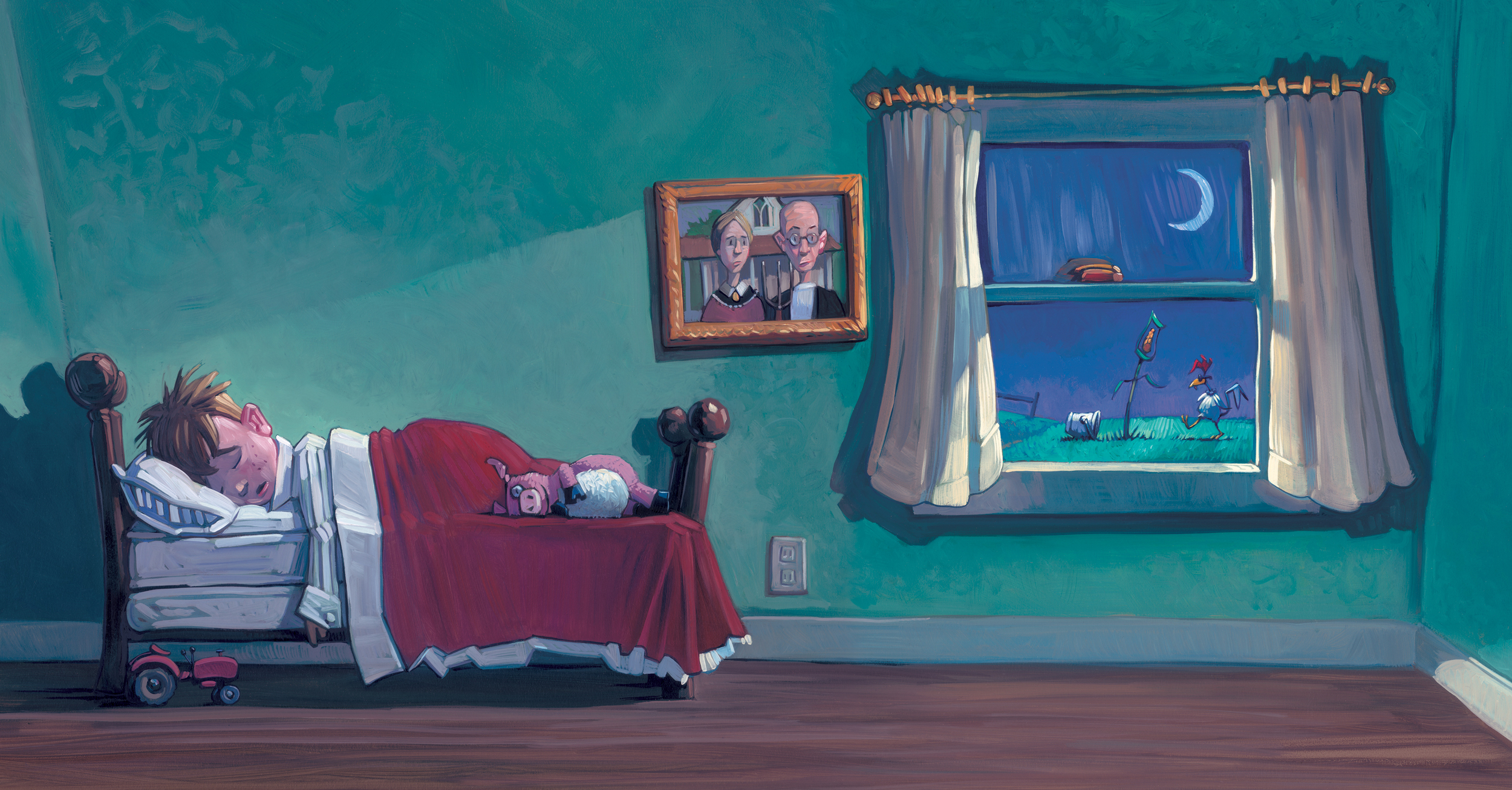 Counting Sheep • 25" wide. Oil on illustration board, 2014. $600. Buy this painting.