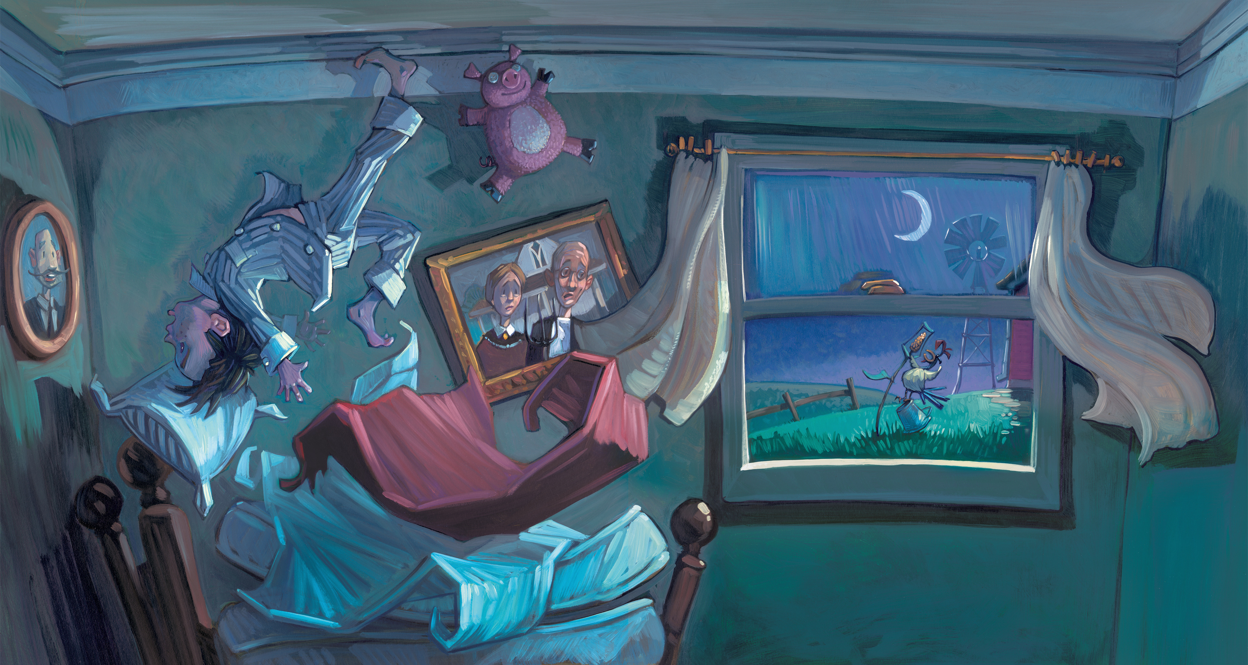 Wake Up, Way Up Call • 25" wide. Oil on illustration board, 2014. $700. Buy this painting.