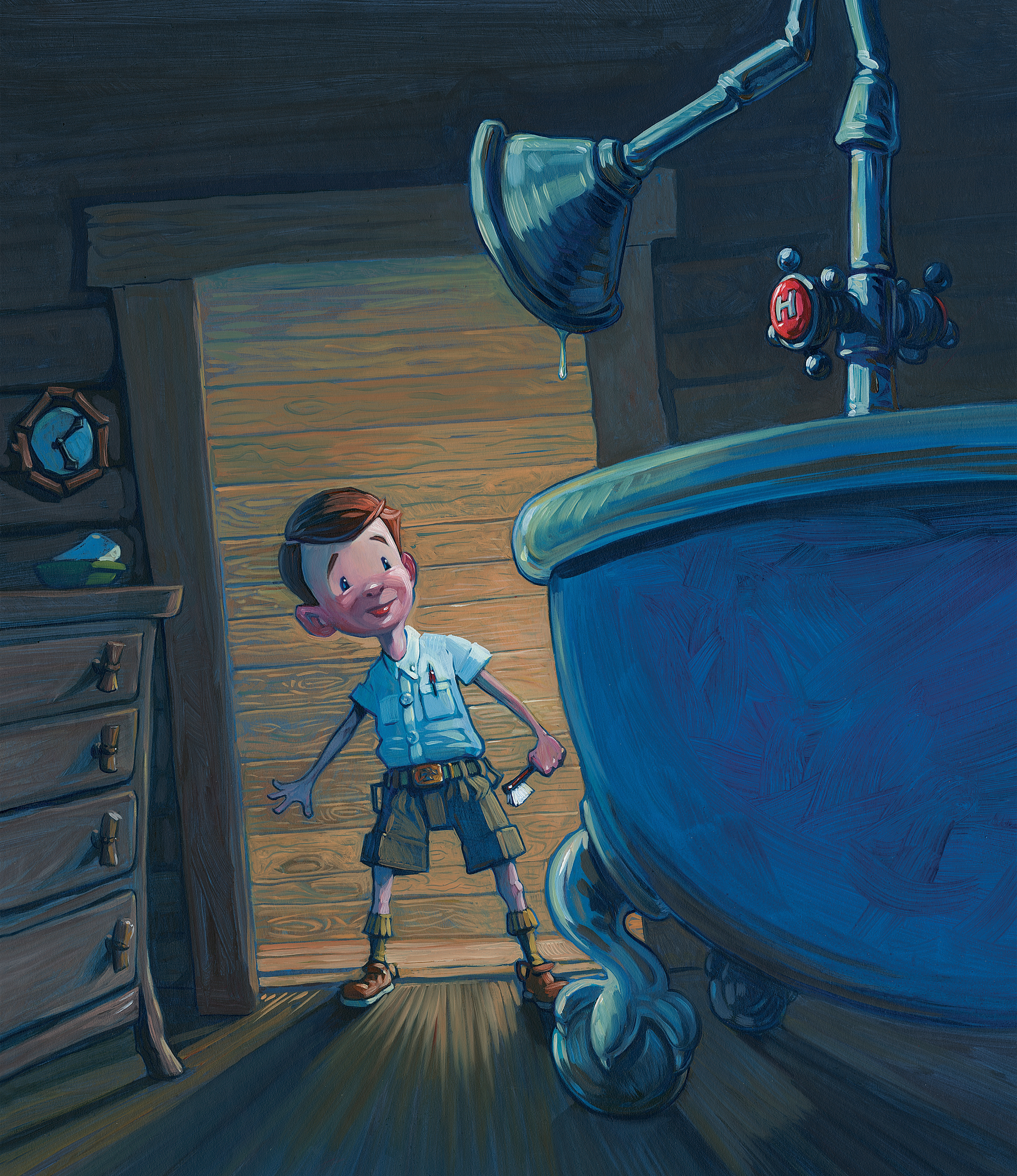 The Tub • 14" wide. Oil on illustration board, 2015. $700. Buy this painting. 